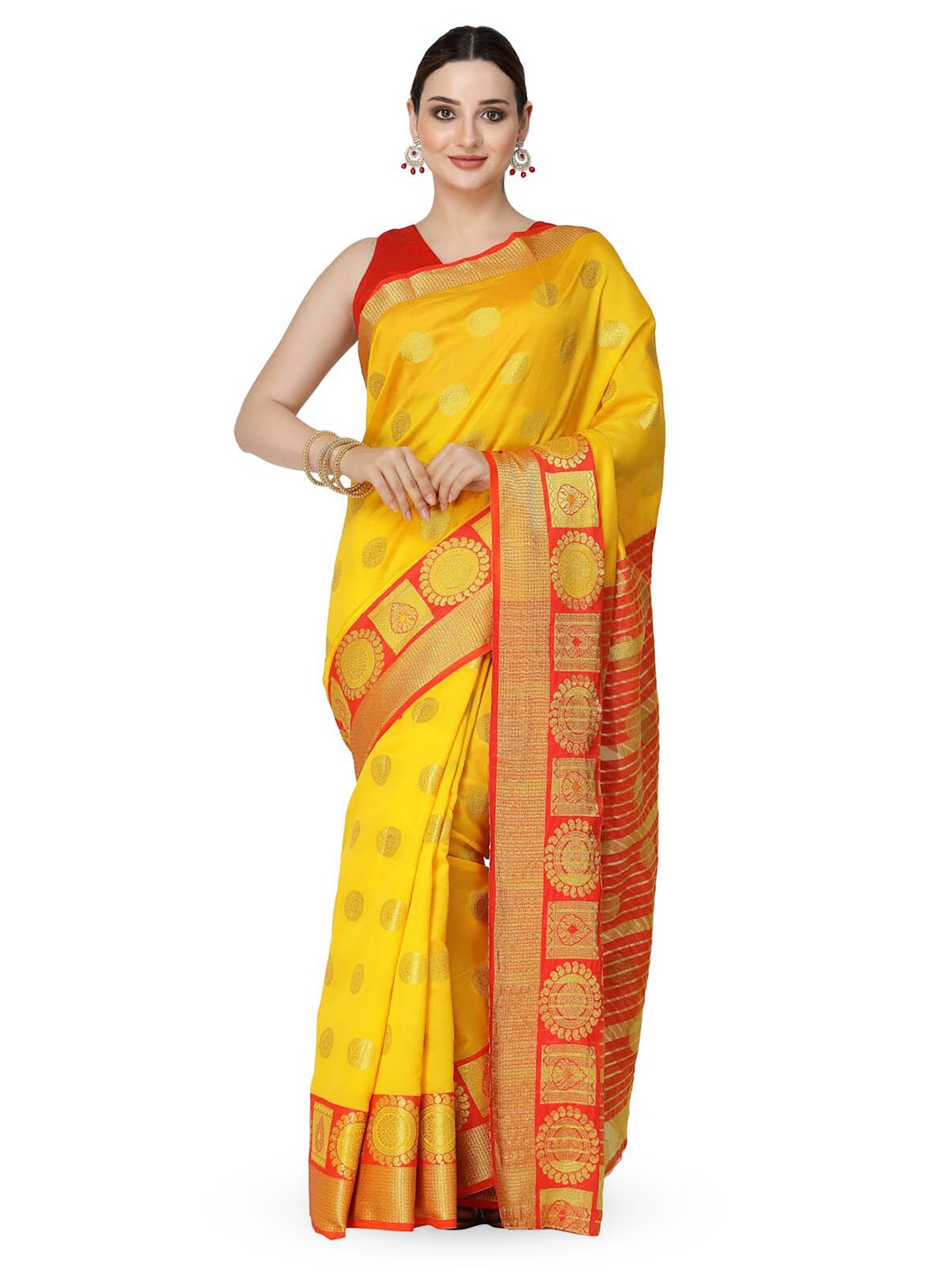 

ISHQY Ethnic Motifs Zari Silk Cotton Banarasi Saree, Yellow