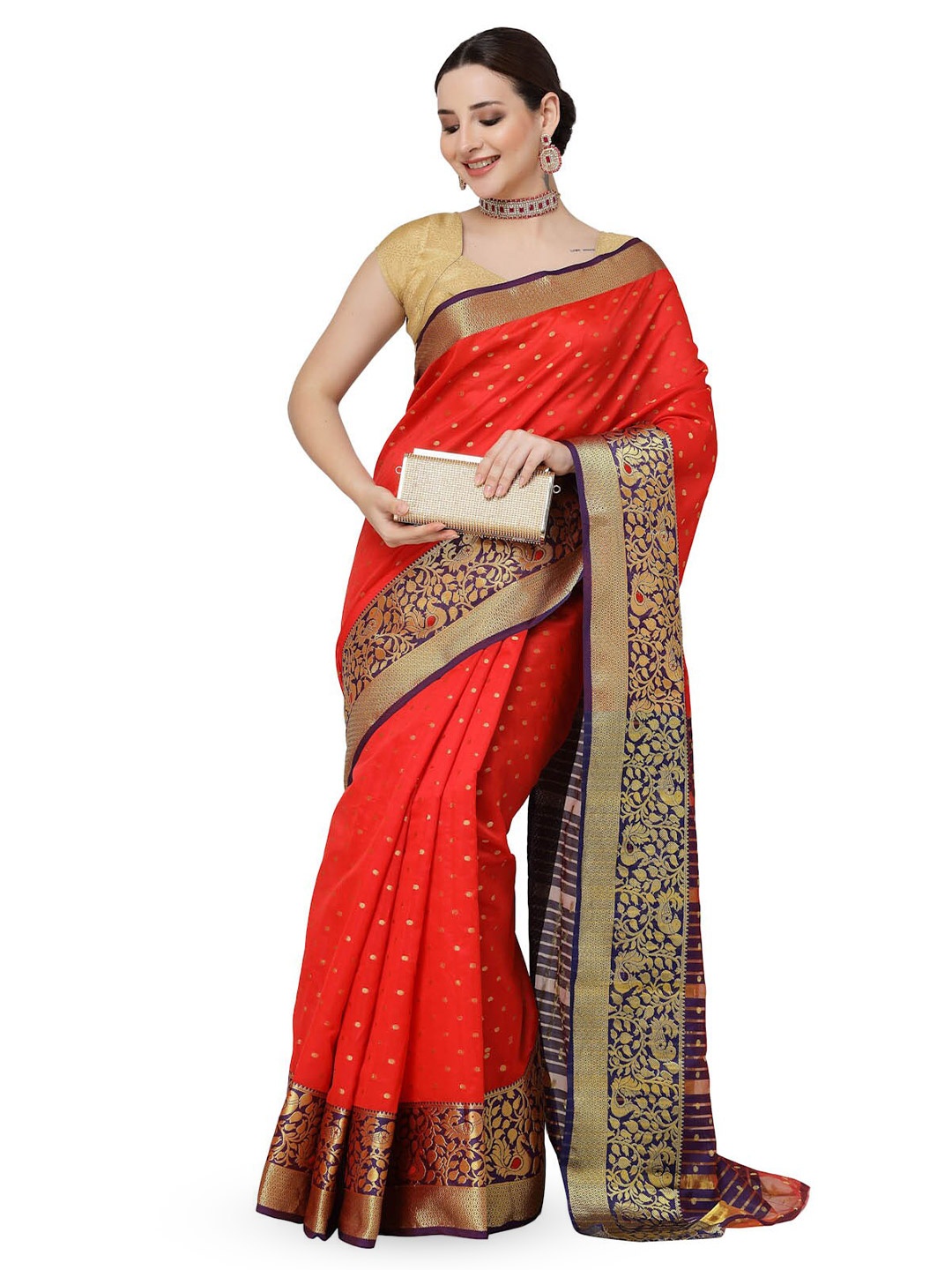 

ISHQY Ethnic Motifs Zari Silk Cotton Banarasi Saree, Red