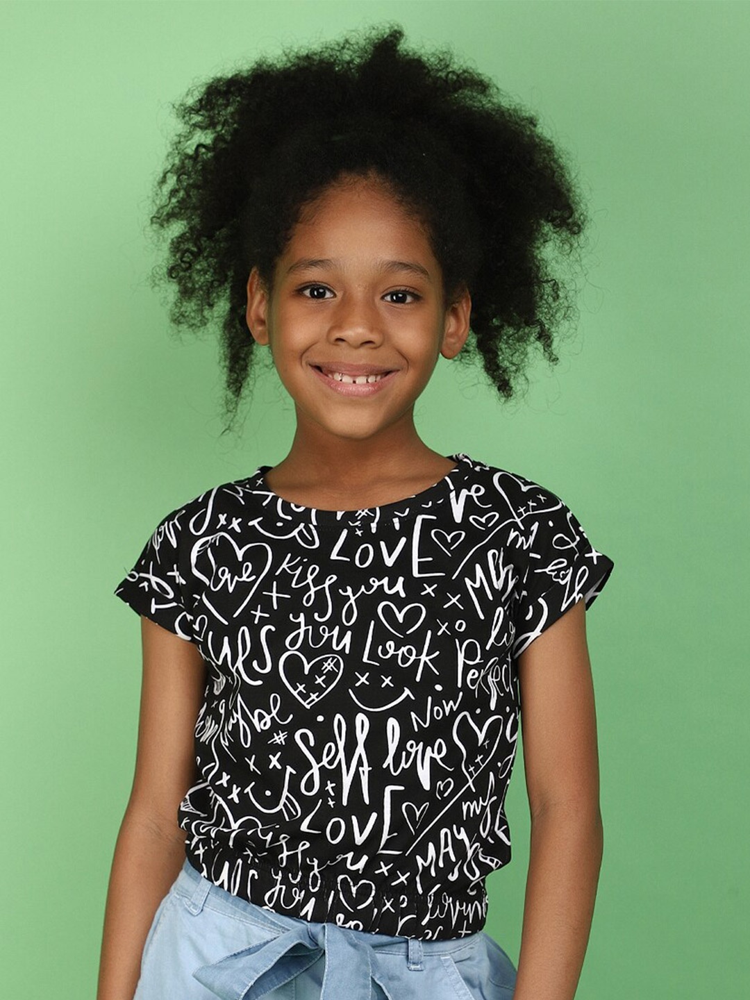 

V-Mart Girls Round Neck Printed Extended Sleeves Cotton T-shirt, Black
