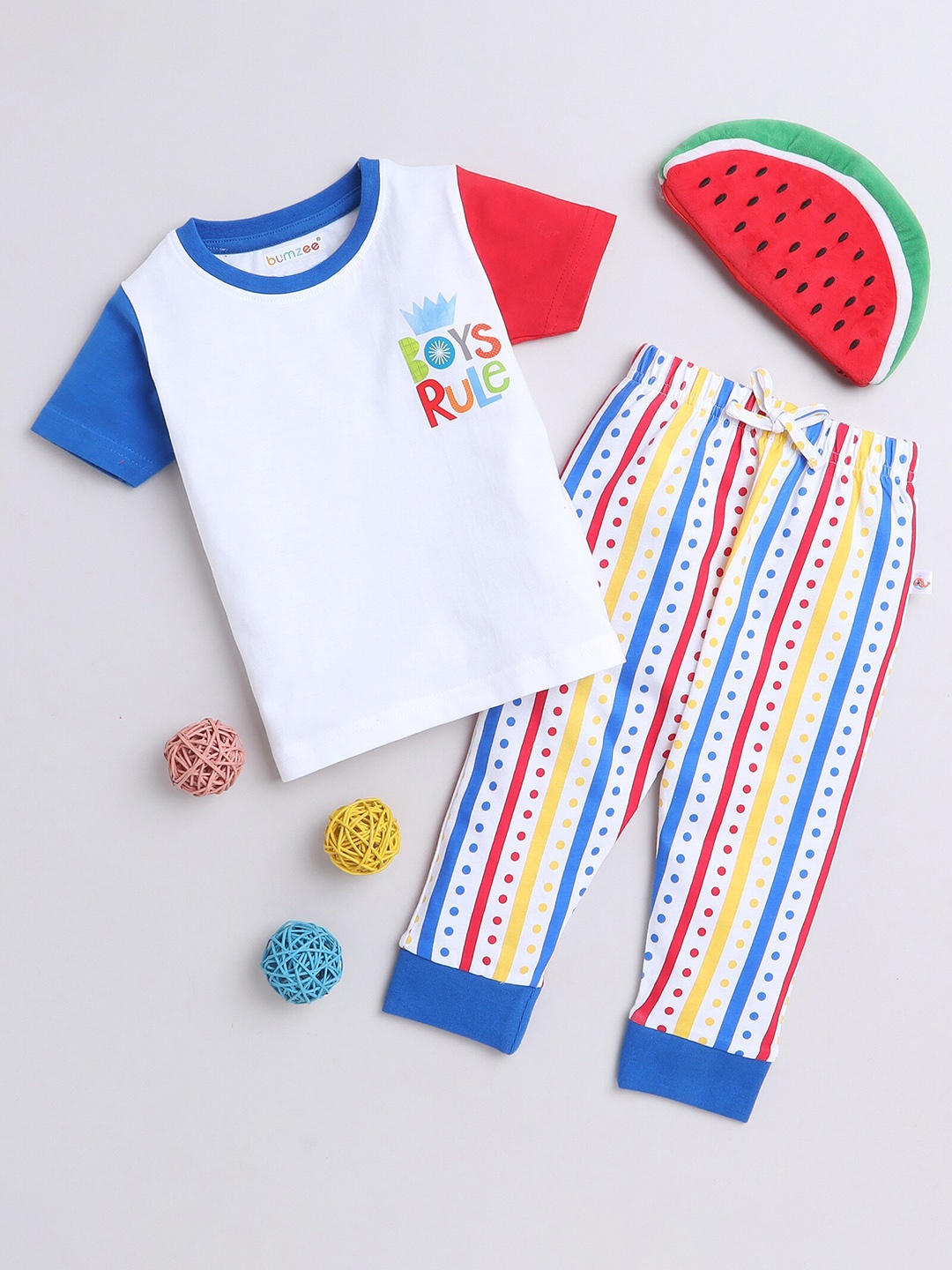 

BUMZEE Boys Printed Pure Cotton T-Shirt & Lounge Pants, White