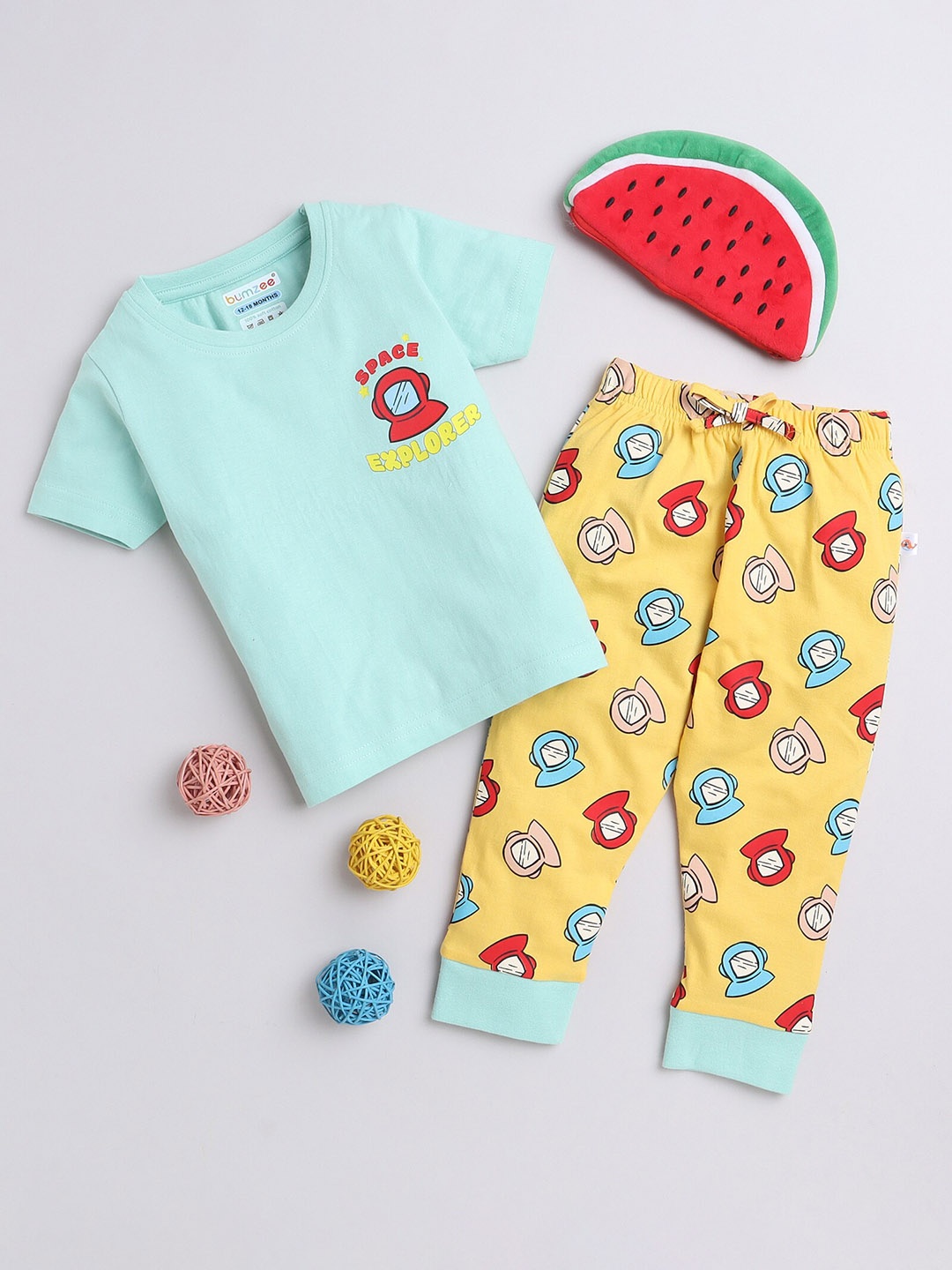 

BUMZEE Boys Printed Pure Cotton T-Shirt & Lounge Pants, Green