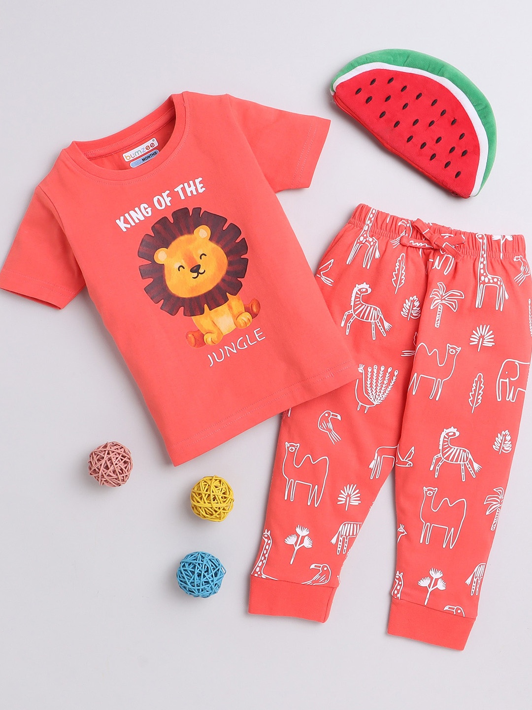 

BUMZEE Boys Graphic Printed Pure Cotton Night Suit, Coral