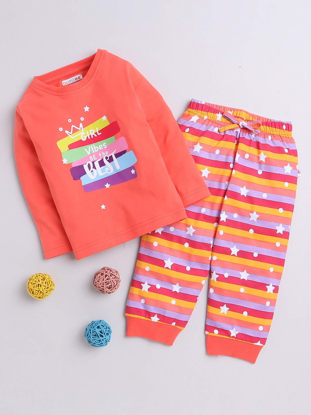 

BUMZEE Girls Printed Pure Cotton T-Shirt & Lounge Pants, Coral
