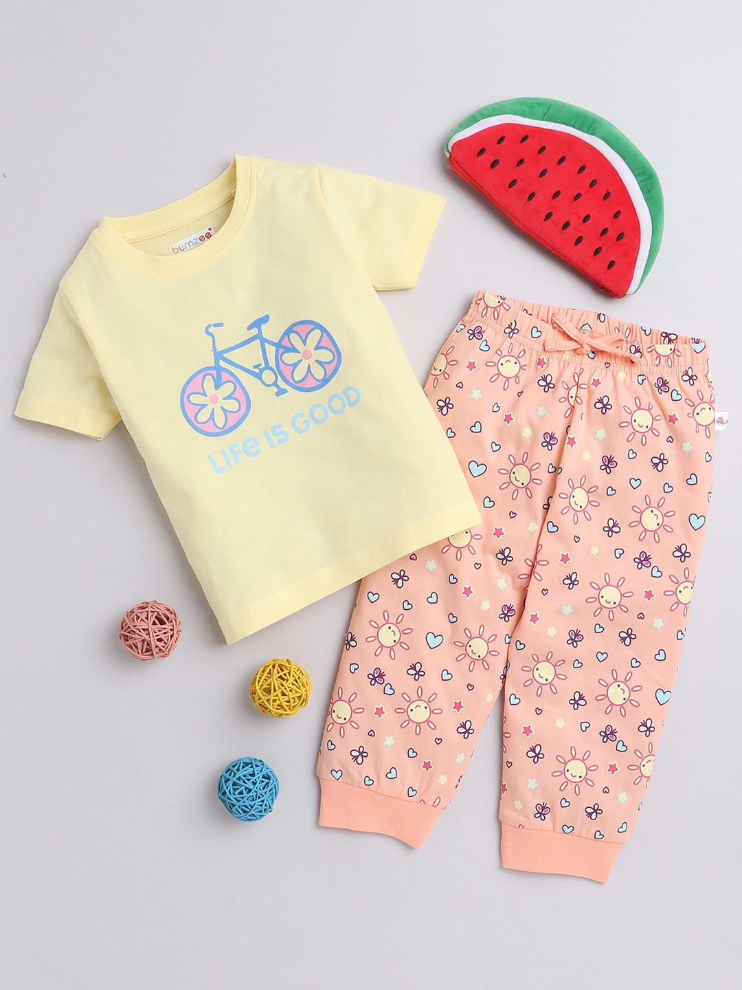 

BUMZEE Girls Printed Pure Cotton T-Shirt & Lounge Pants, Yellow