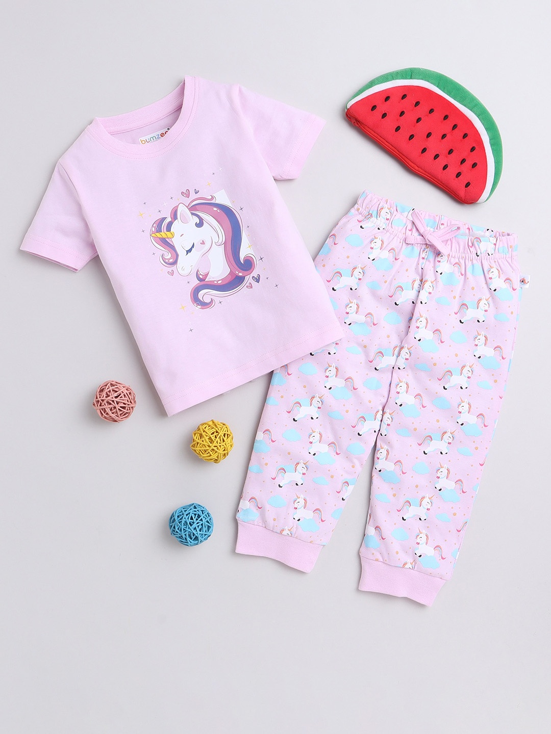 

BUMZEE Girls Printed Pure Cotton T-Shirt & Lounge Pants, Lavender