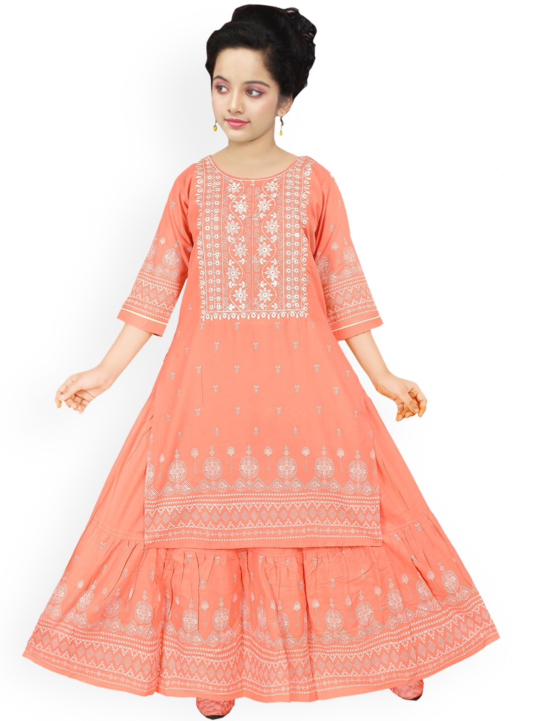 

BAESD Girls Floral Yoke Design Thread Work Kurta With Sharara, Peach