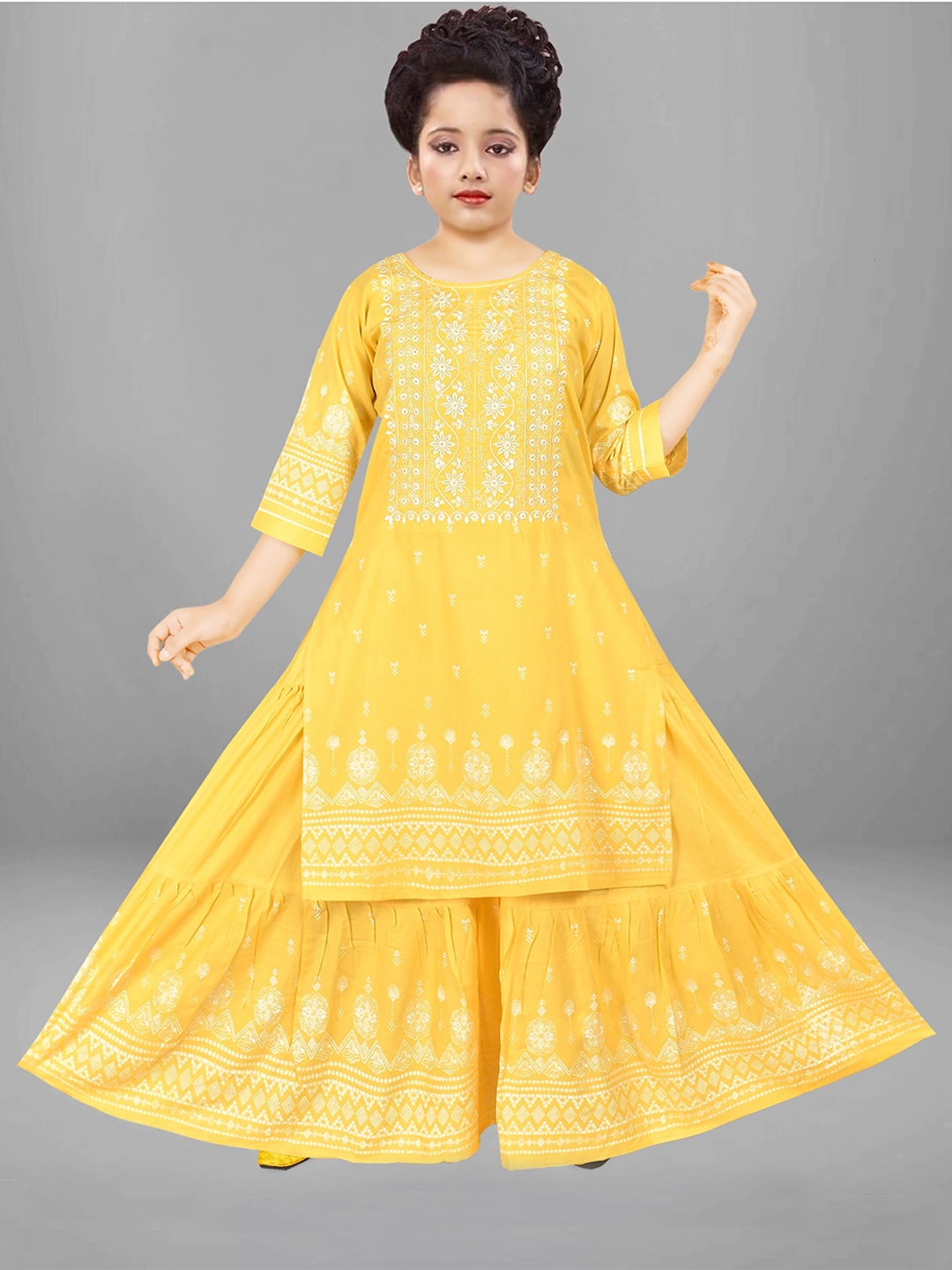 

BAESD Girls Floral Embroidered Regular Thread Work Kurta with Sharara, Yellow