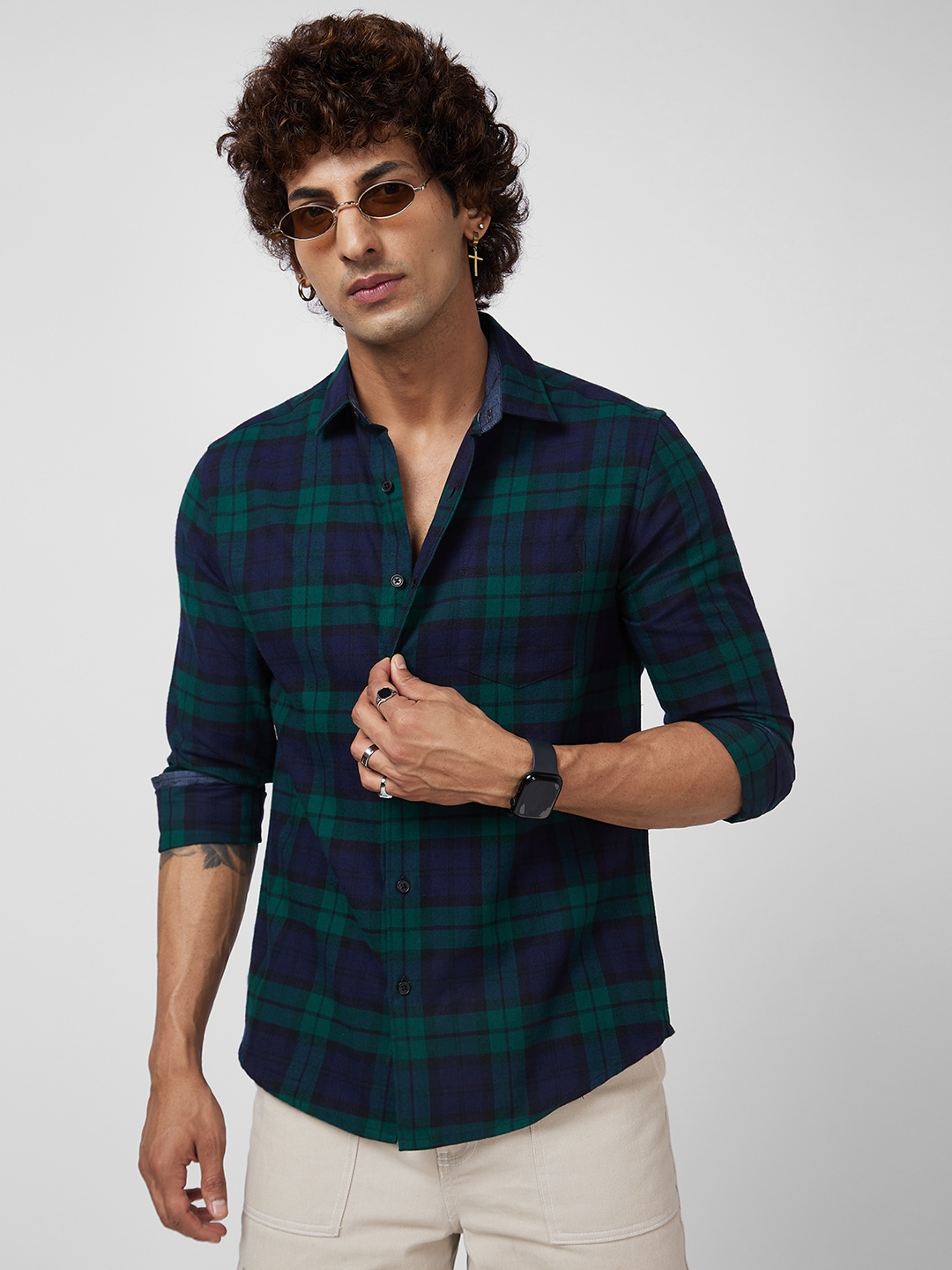 

VASTRADO Classic Slim Fit Tartan Checked Flannel Weave Cotton Casual Shirt, Green