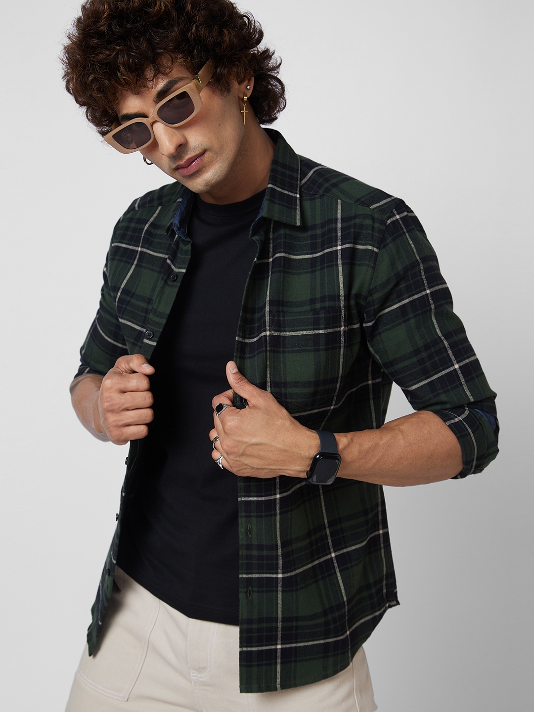 

VASTRADO Classic Slim Fit Tartan Checked Flannel Weave Cotton Casual Shirt, Olive