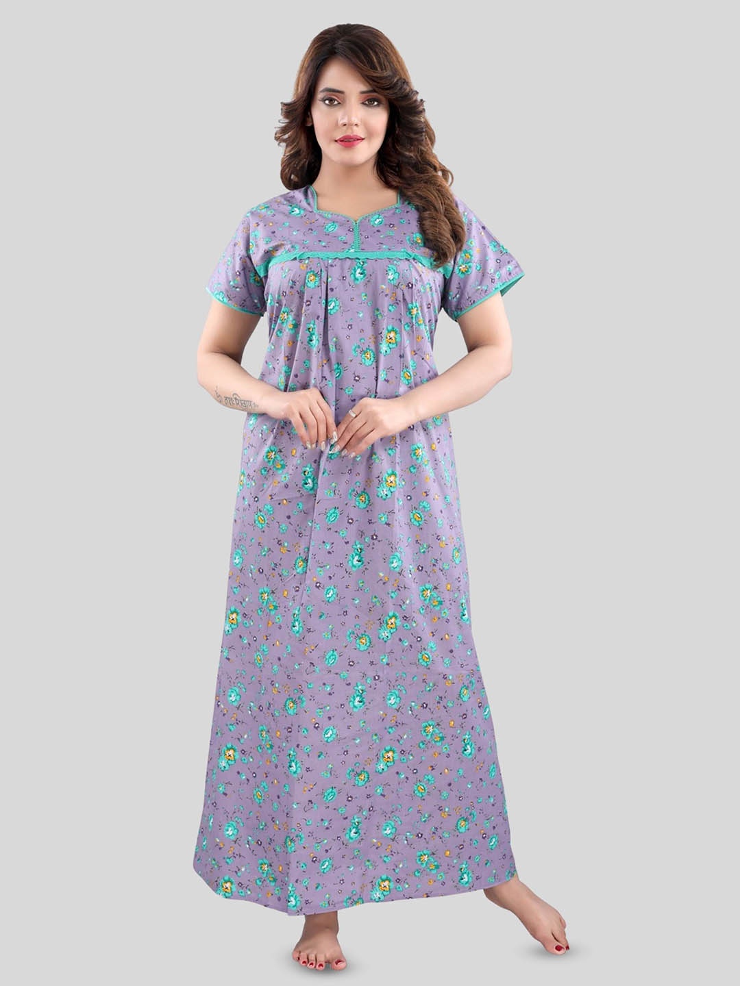 

Fabme Floral Printed Pure Cotton Maxi Nightdress, Lavender