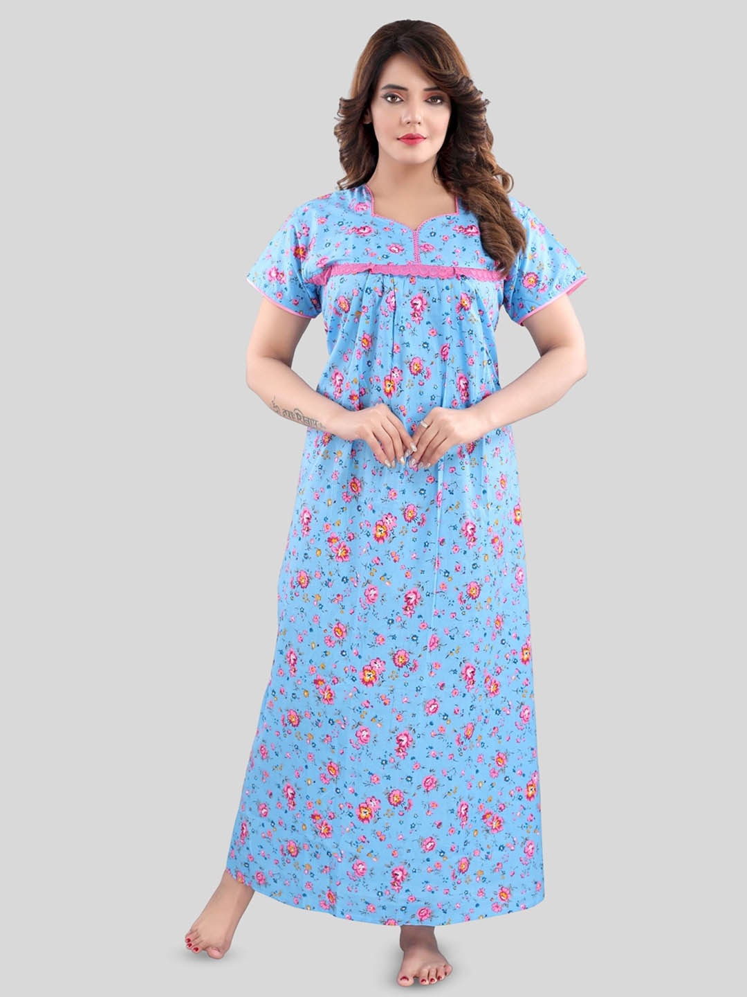 

Fabme Floral Printed Pure Cotton Maxi Nightdress, Blue