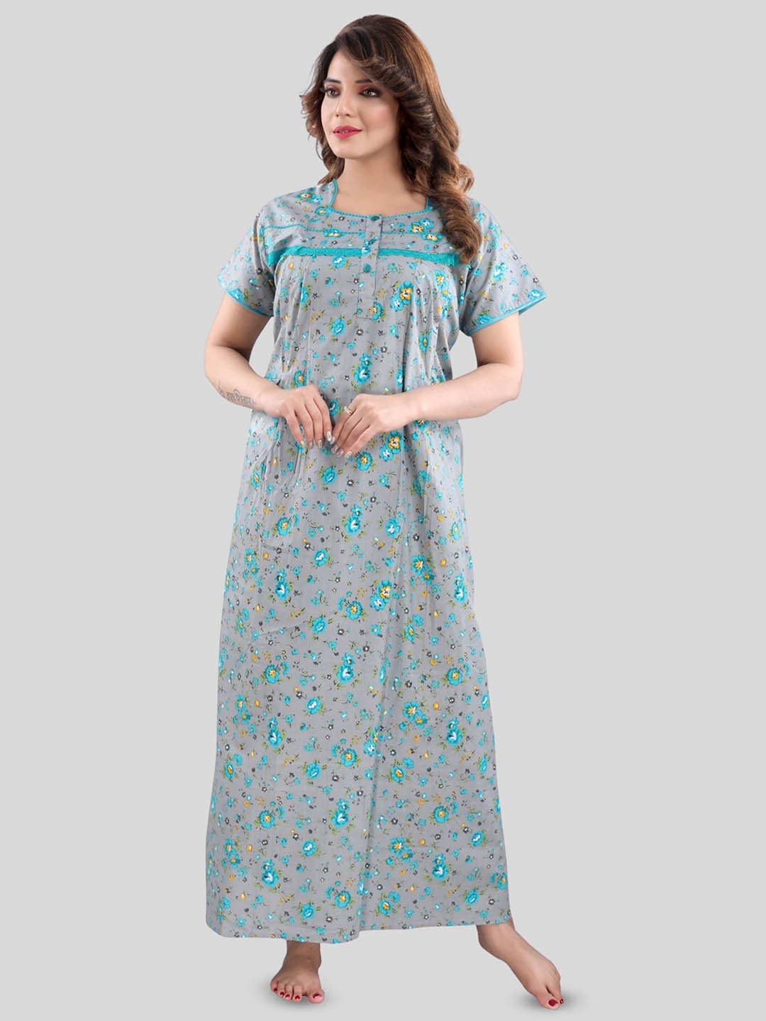 

Fabme Floral Printed Pure Cotton Nursing Maxi Nightdress, Grey