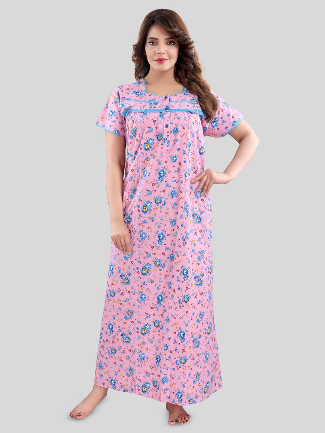 

Fabme Floral Printed Pure Cotton Maxi Nightdress, Pink