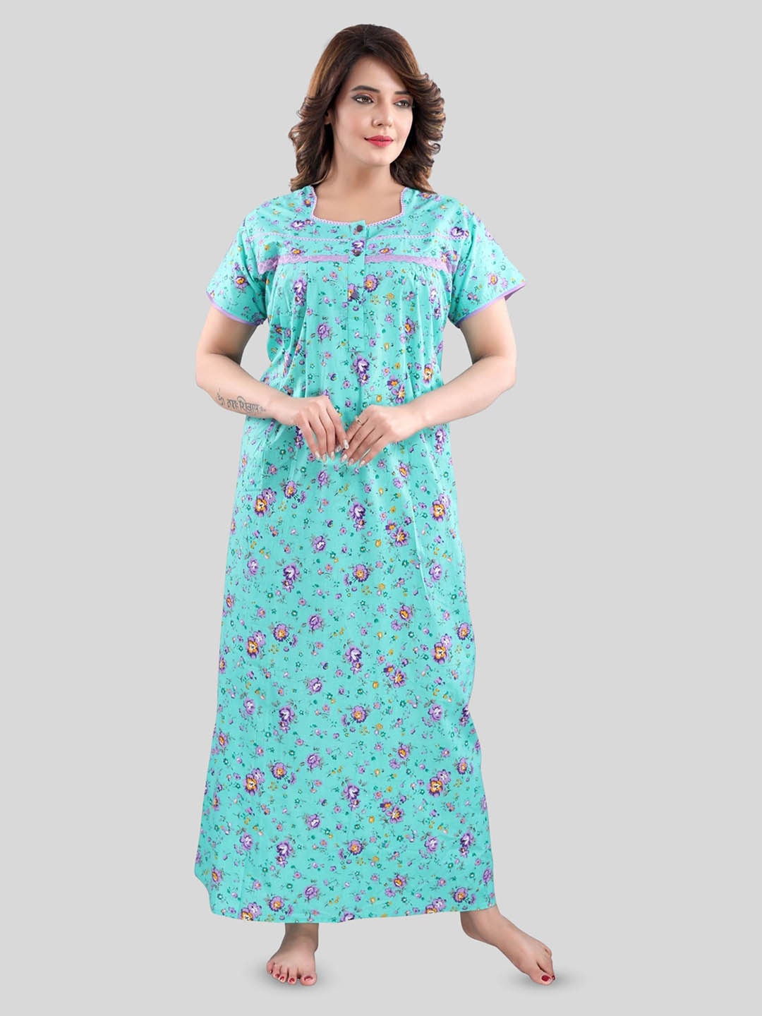 

Fabme Floral Printed Pure Cotton Maxi Nightdress, Sea green