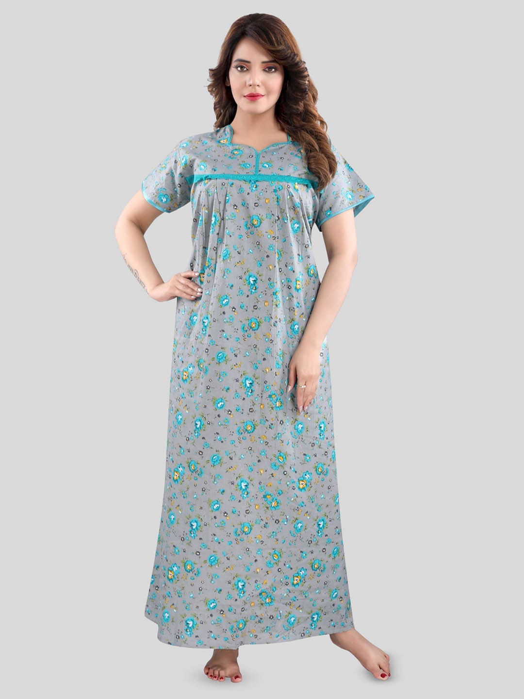 

Fabme Floral Printed Pure Cotton Maxi Nightdress, Grey