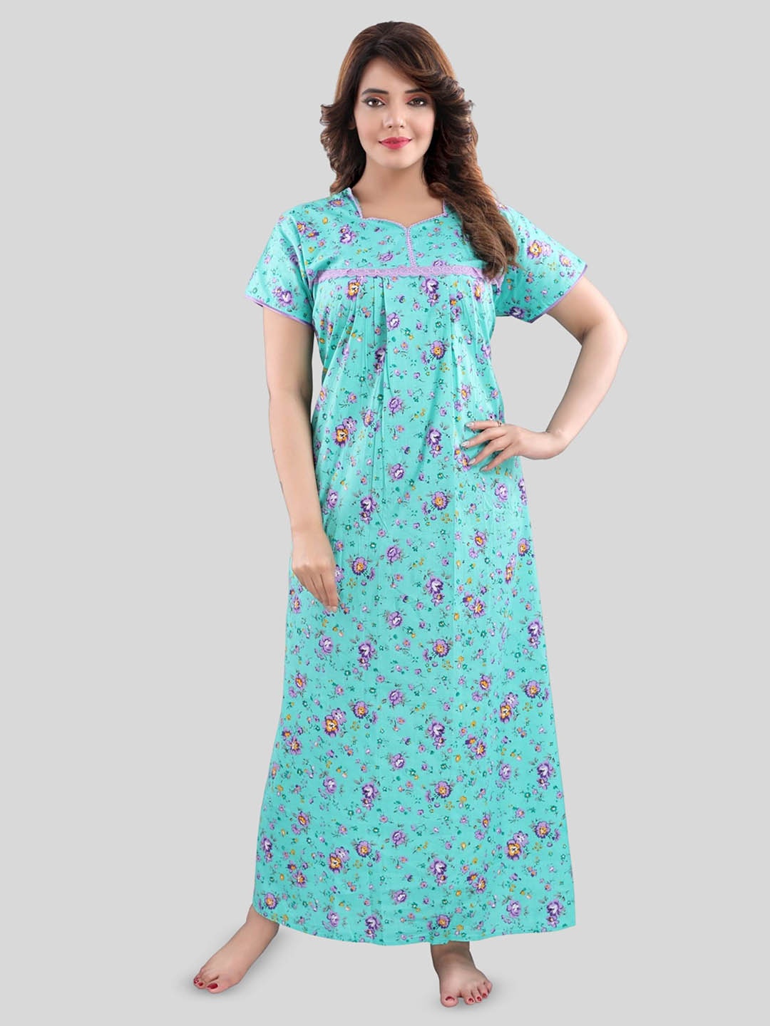 

Fabme Floral Printed Pure Cotton Maxi Nightdress, Sea green