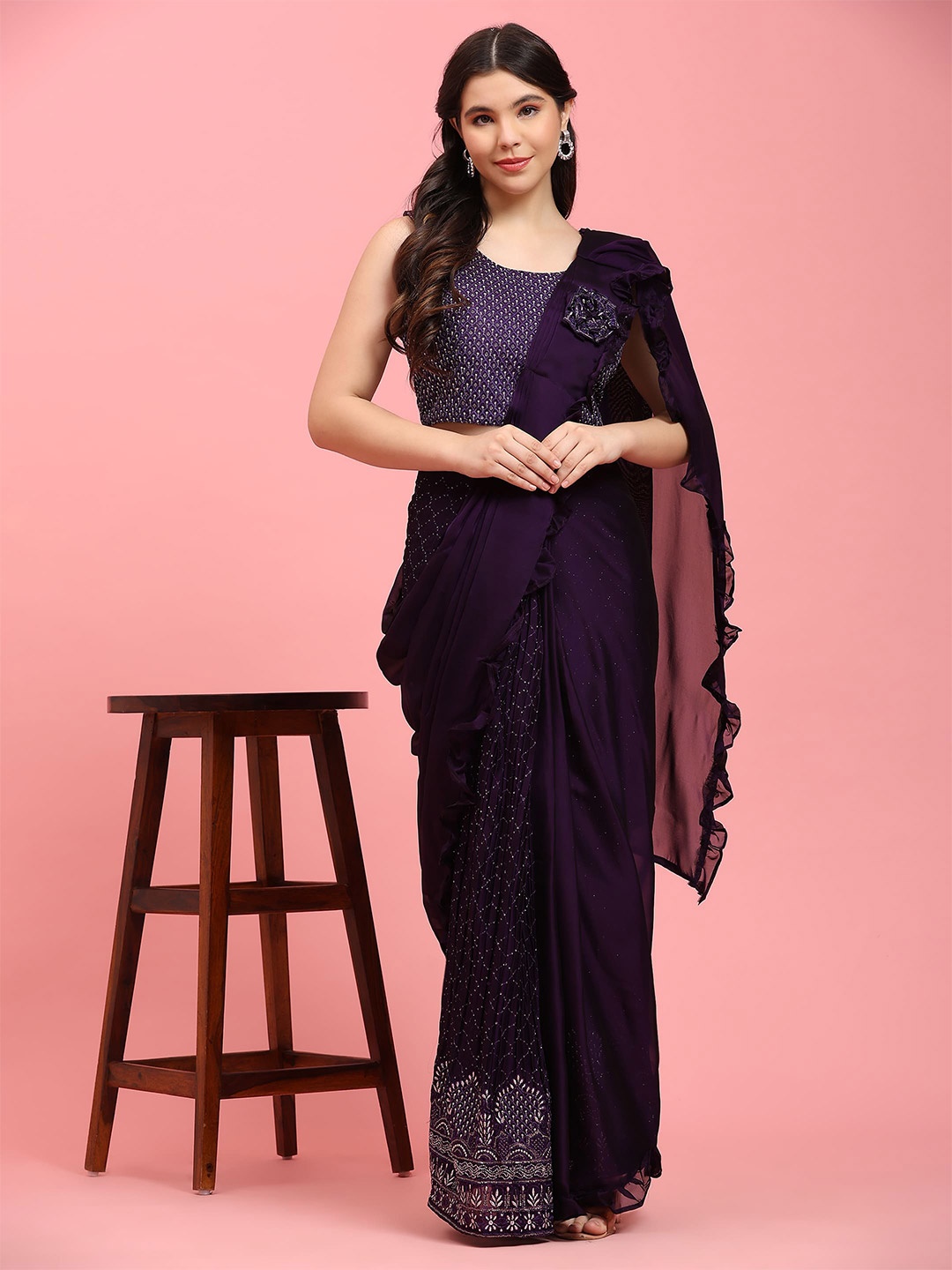 

AMOHA TRENDZ Sequinned Satin Saree, Purple