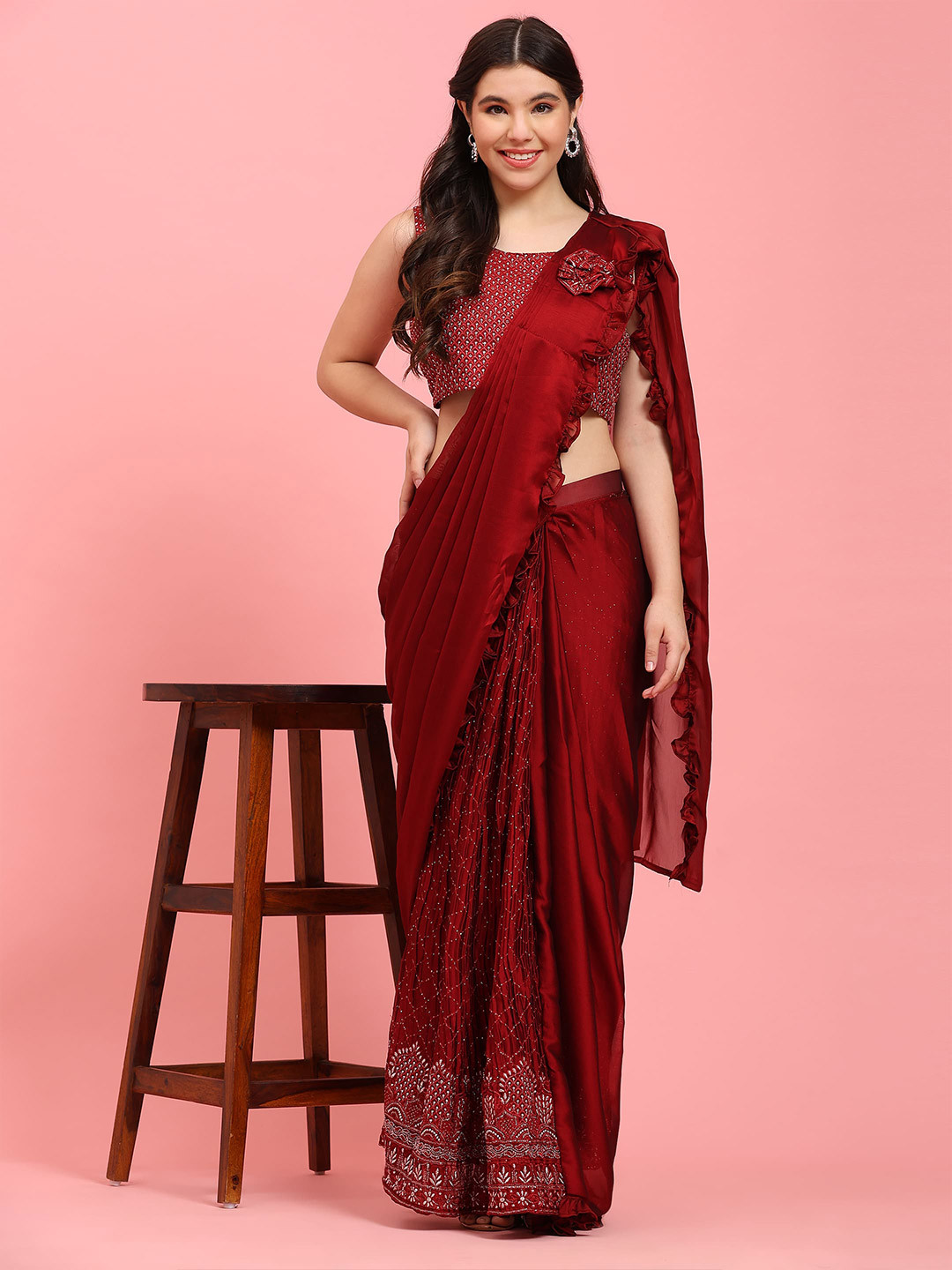 

AMOHA TRENDZ Embellished Sequinned Satin Ready to Wear Saree, Maroon