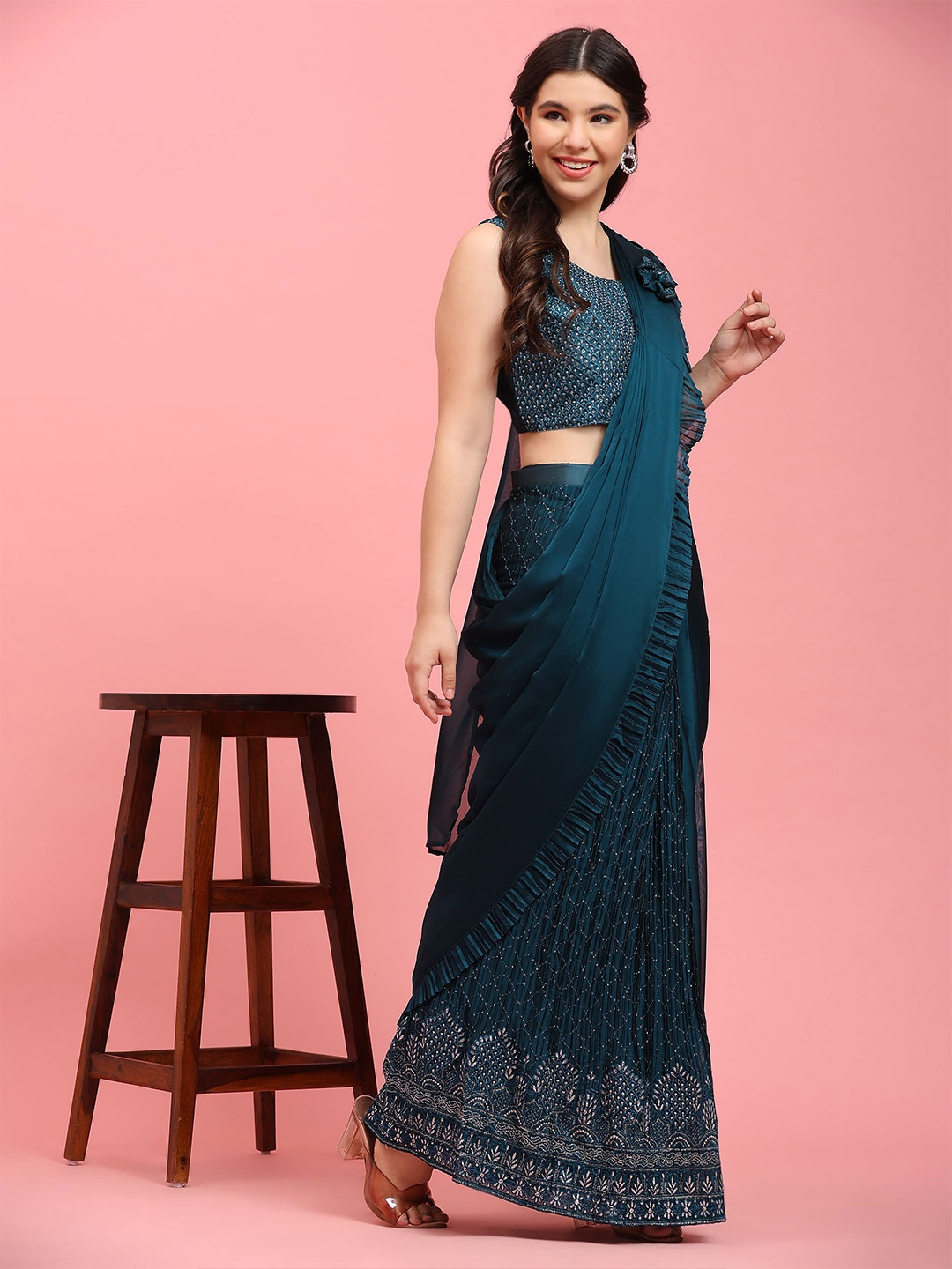 

AMOHA TRENDZ Sequinned Satin Ready to Wear Saree, Teal