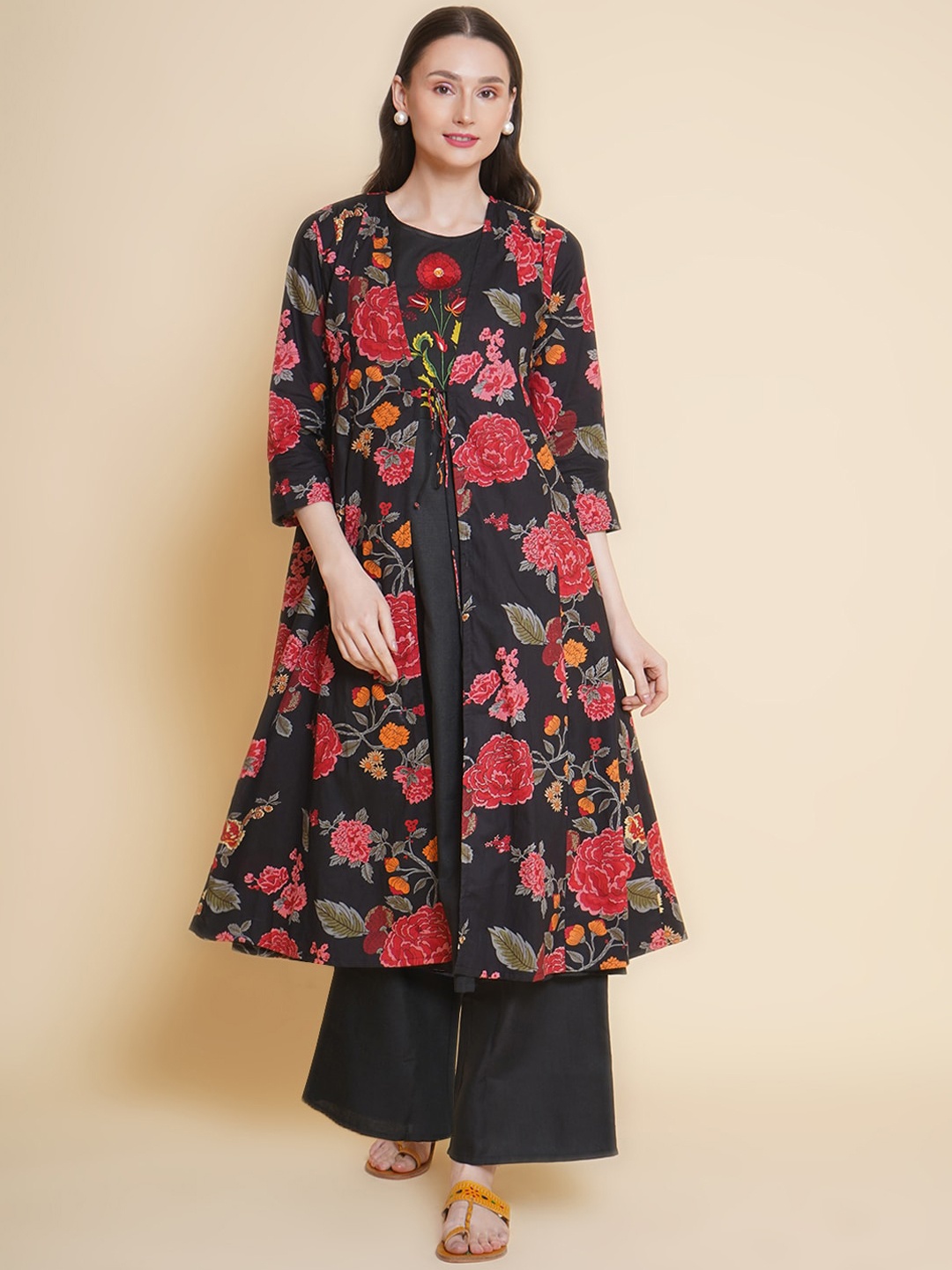 

Bhama Couture Floral Embroidered A-Line Organic Cotton Kurta with Palazzos & Jacket, Black