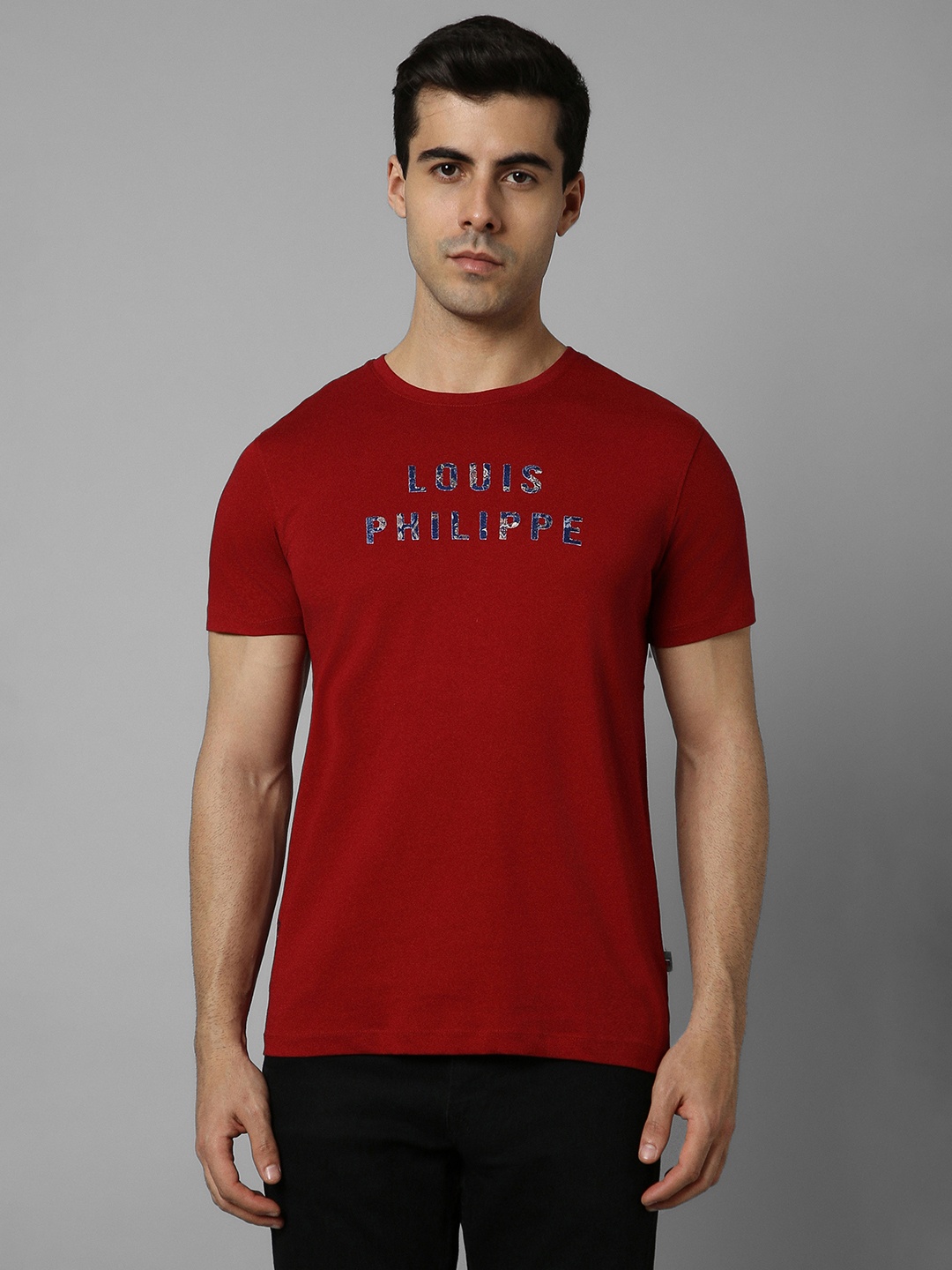 Louis Philippe Jeans Typography Printed Cotton Slim Fit T-shirt, Red