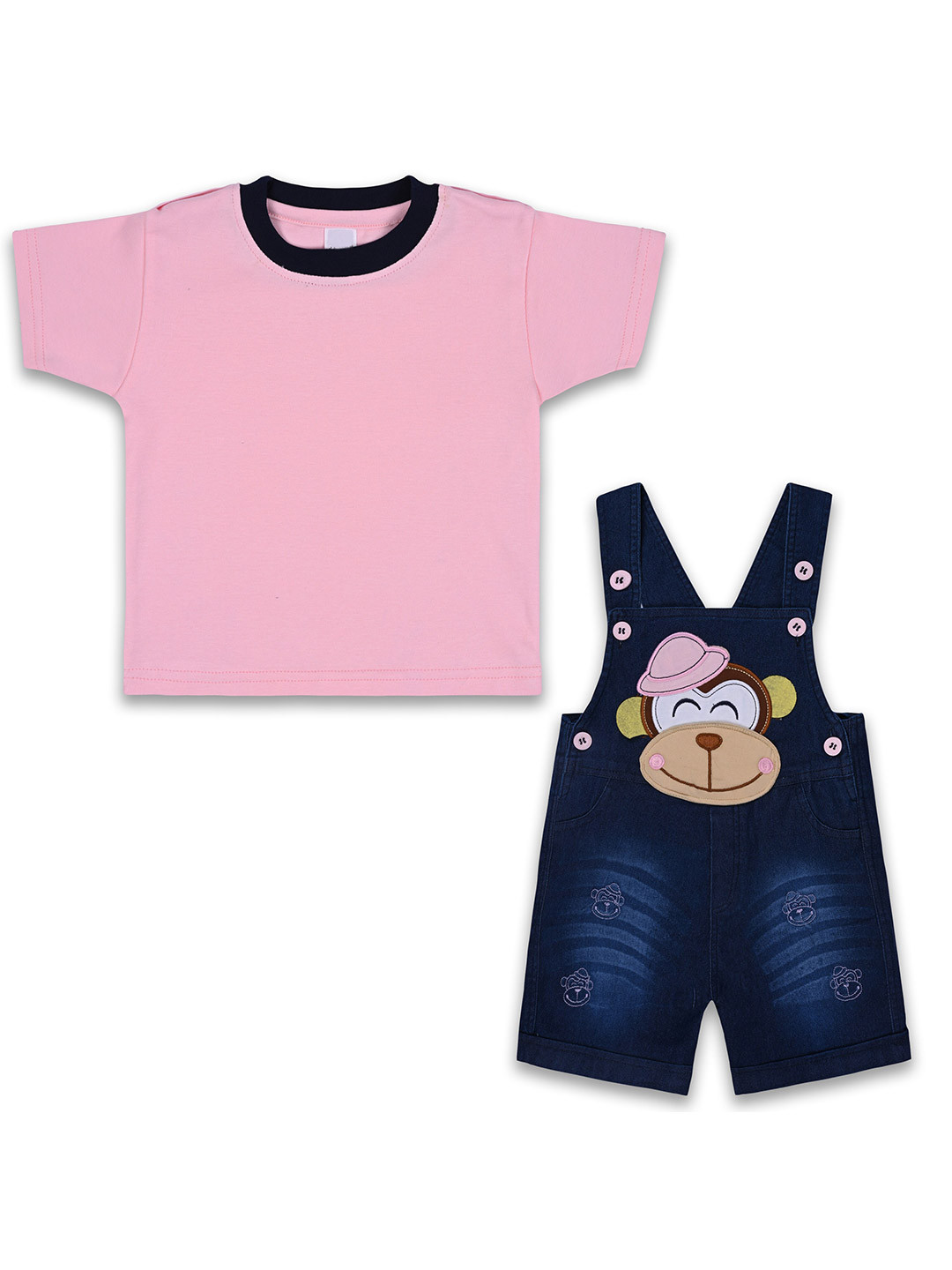 

Wish Karo Boys Cotton T-shirt With Applique Denim Dungarees, Pink