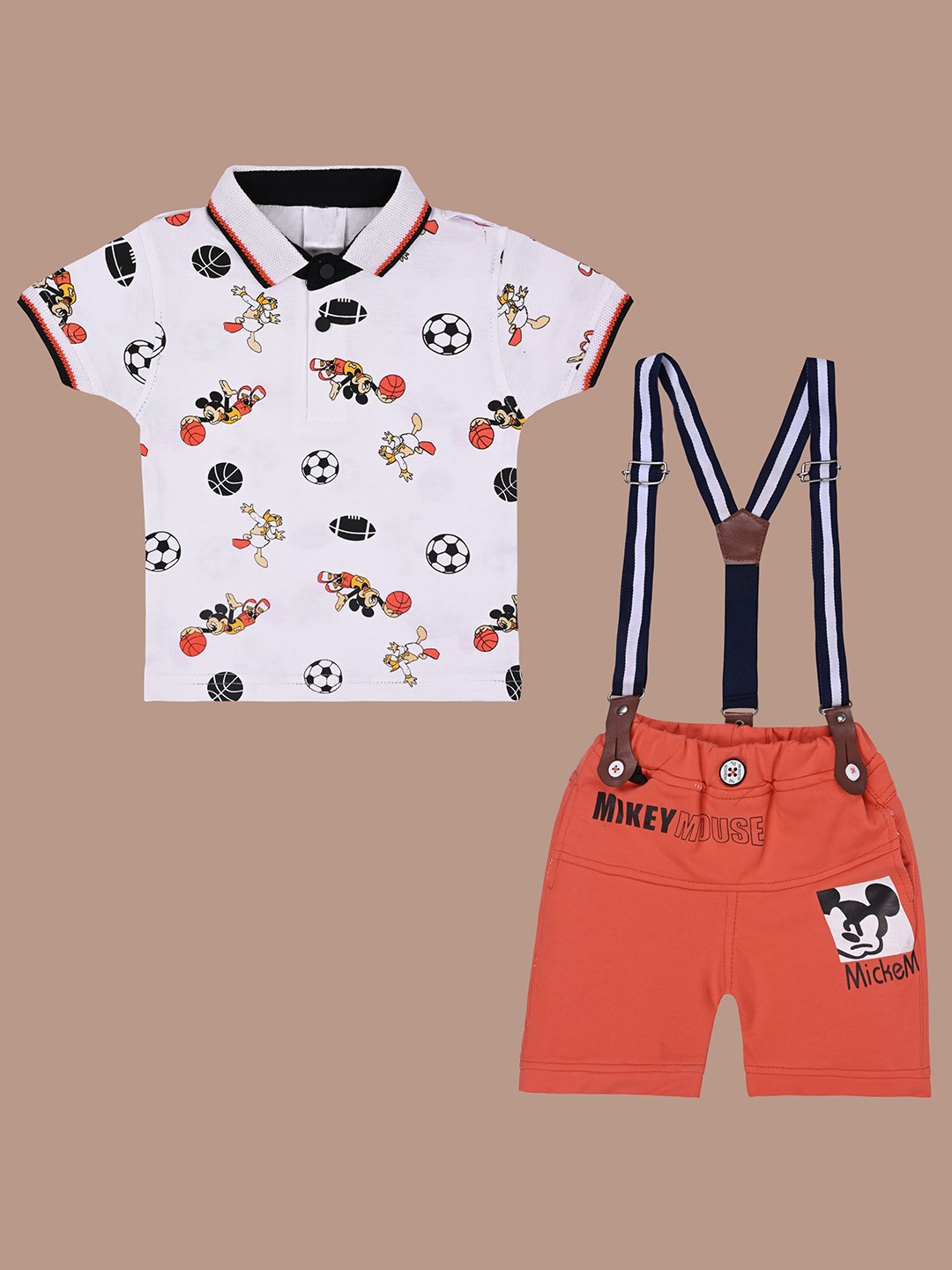 

Wish Karo Boys Mickey Mouse Graphic Printed Shirt Collar T-shirt with Shorts & Suspendor, Orange