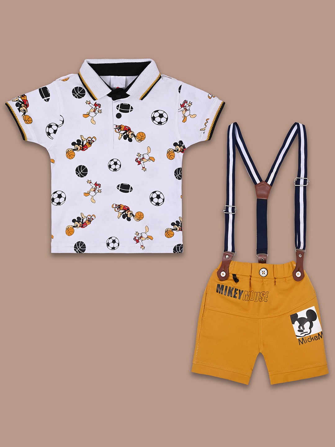 

Wish Karo Boys Mickey Mouse Graphic Printed Shirt Collar T-shirt with Shorts & Suspendor, Mustard