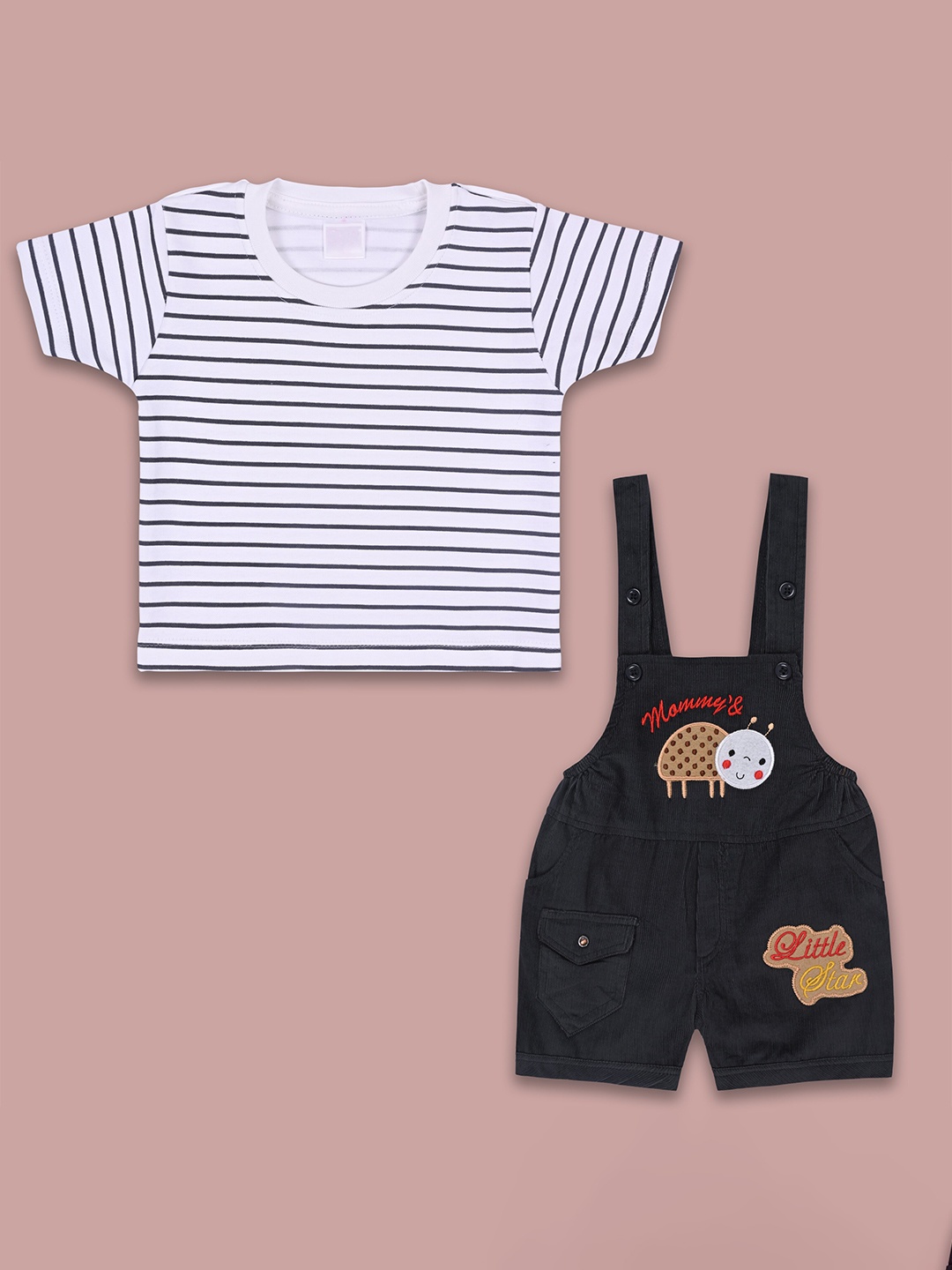 

Wish Karo Boys Striped Cotton T-shirt with Dungarees, Grey