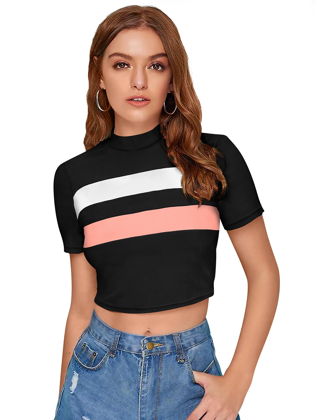 

Sitanjali Horizontal Striped High Neck Fitted Crop Top, Black