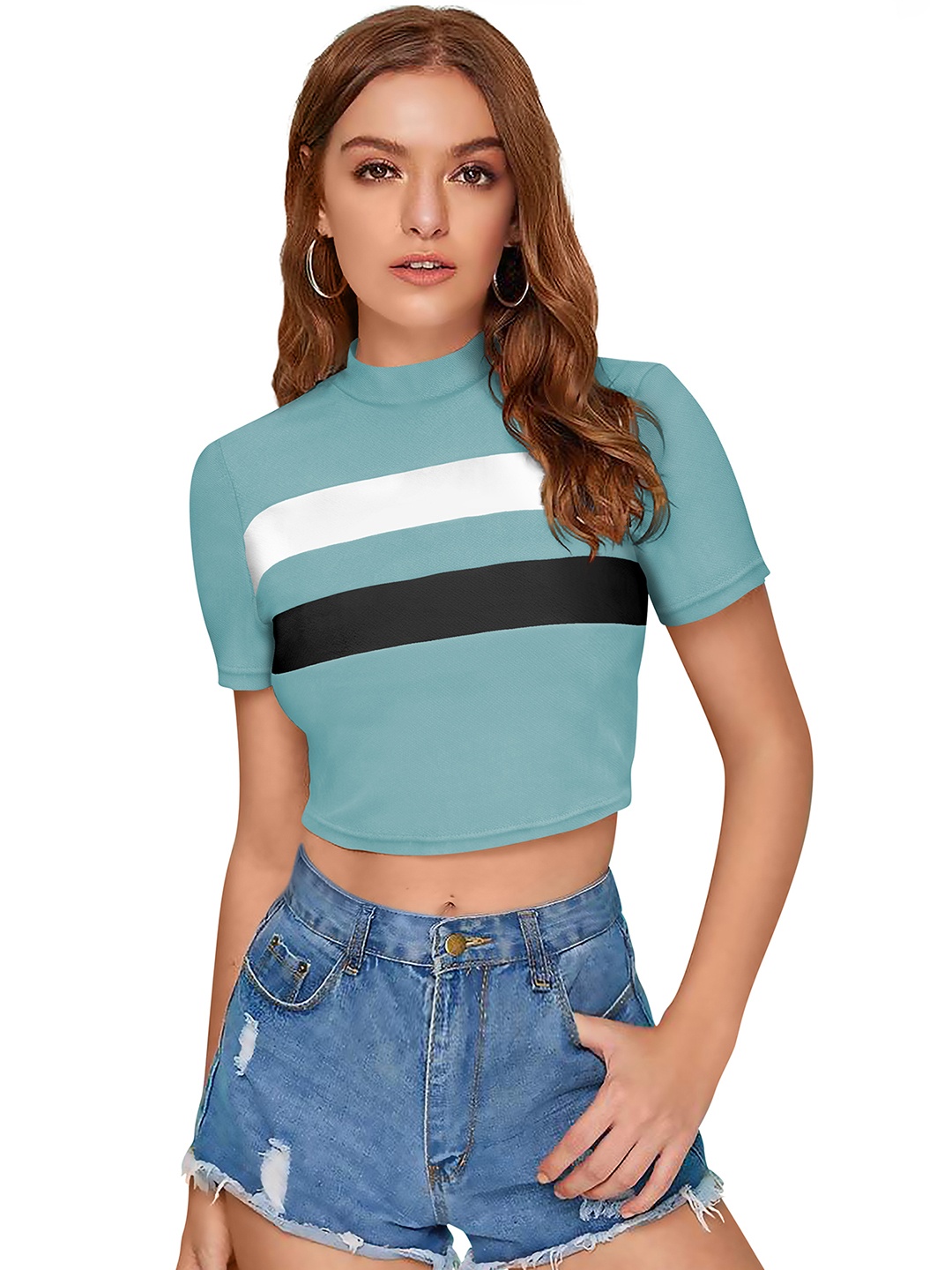 

Sitanjali Horizontal Striped High Neck Fitted Crop Top, Lime green