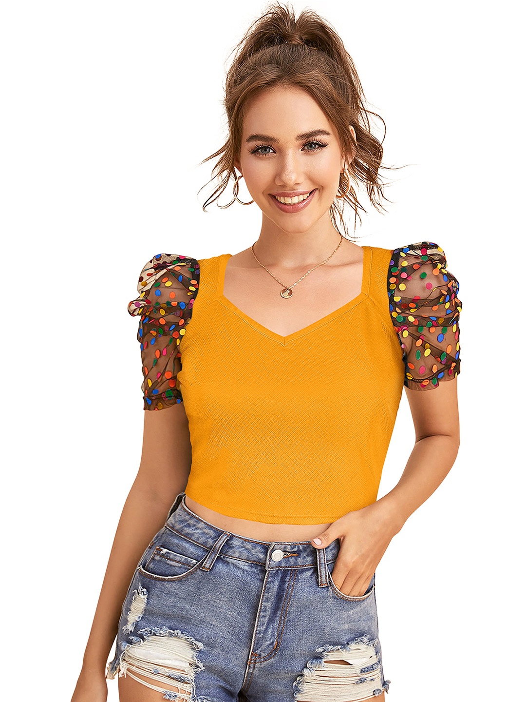 

Sitanjali Puff Sleeves Fitted Crop Top, Yellow