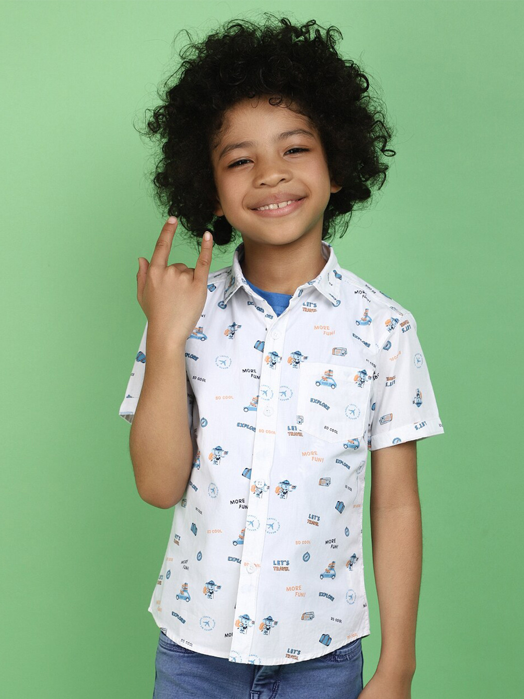 

V-Mart Boys Printed Spread Collar Short Sleeves Cotton Casual Shirt, White
