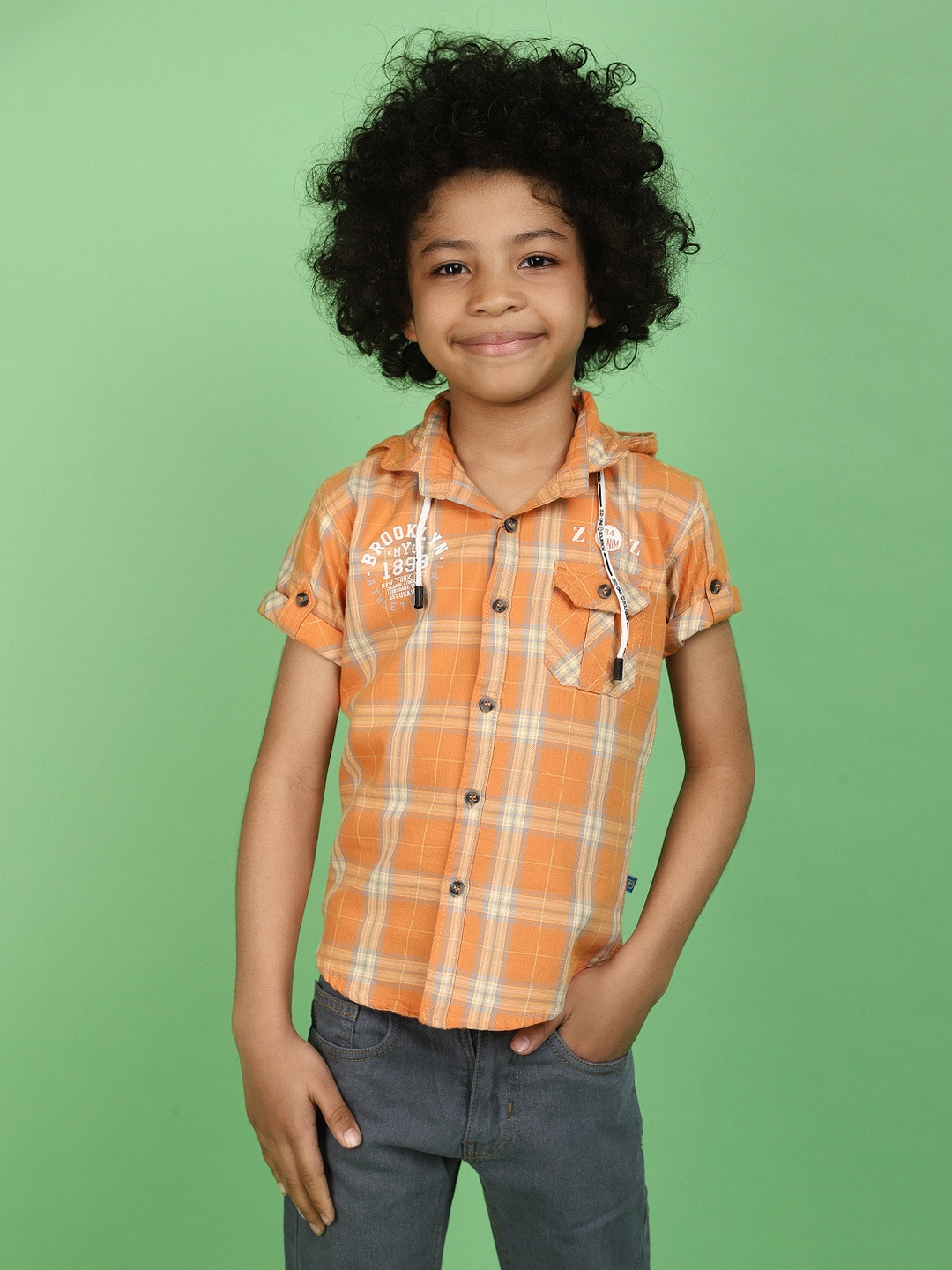

V-Mart Boys Tartan Checked Hooded Roll-Up Sleeves Twill Weave Cotton Casual Shirt, Orange