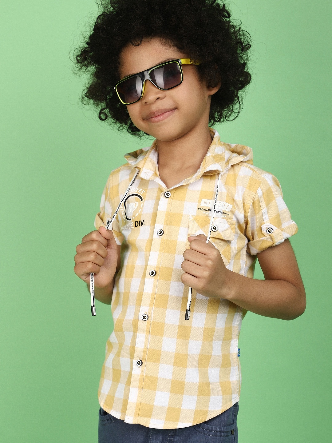 

V-Mart Boys Tartan Checked Hooded Roll-Up Sleeves Twill Weave Cotton Casual Shirt, Yellow