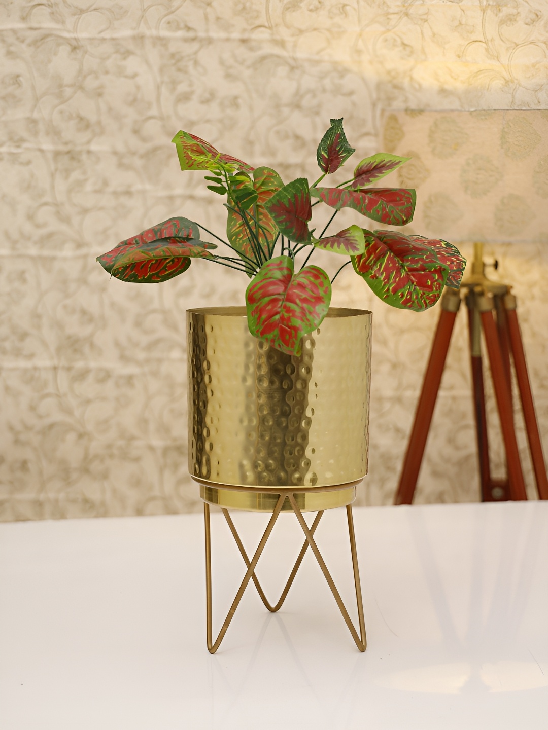 

HomeShastra Elle Gold Toned Textured Metal Planter With Stand