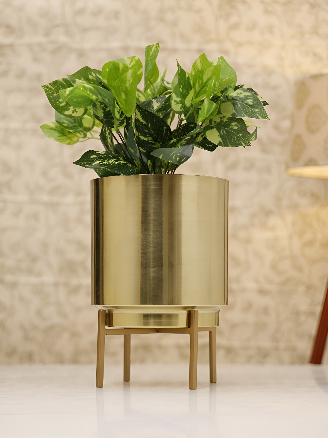 

HomeShastra Ember Glossy Metal Planter With Stand, Gold
