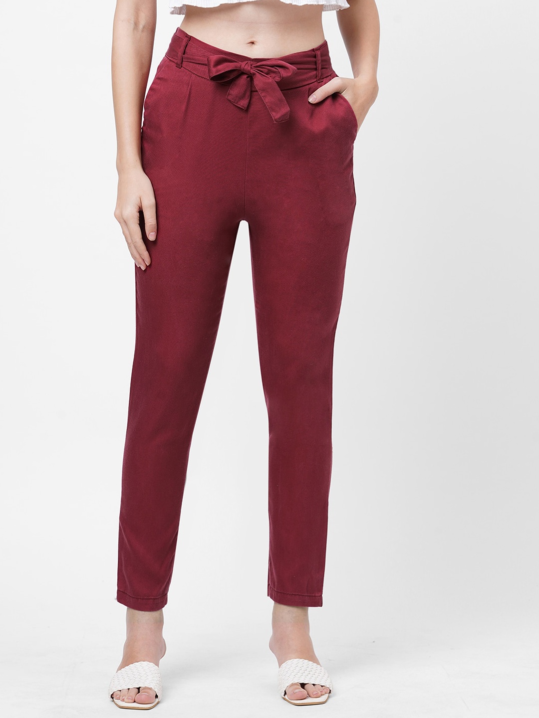 

Kraus Jeans Women Slim Fit High-Rise Pleated Paper Bag Trousers, Red