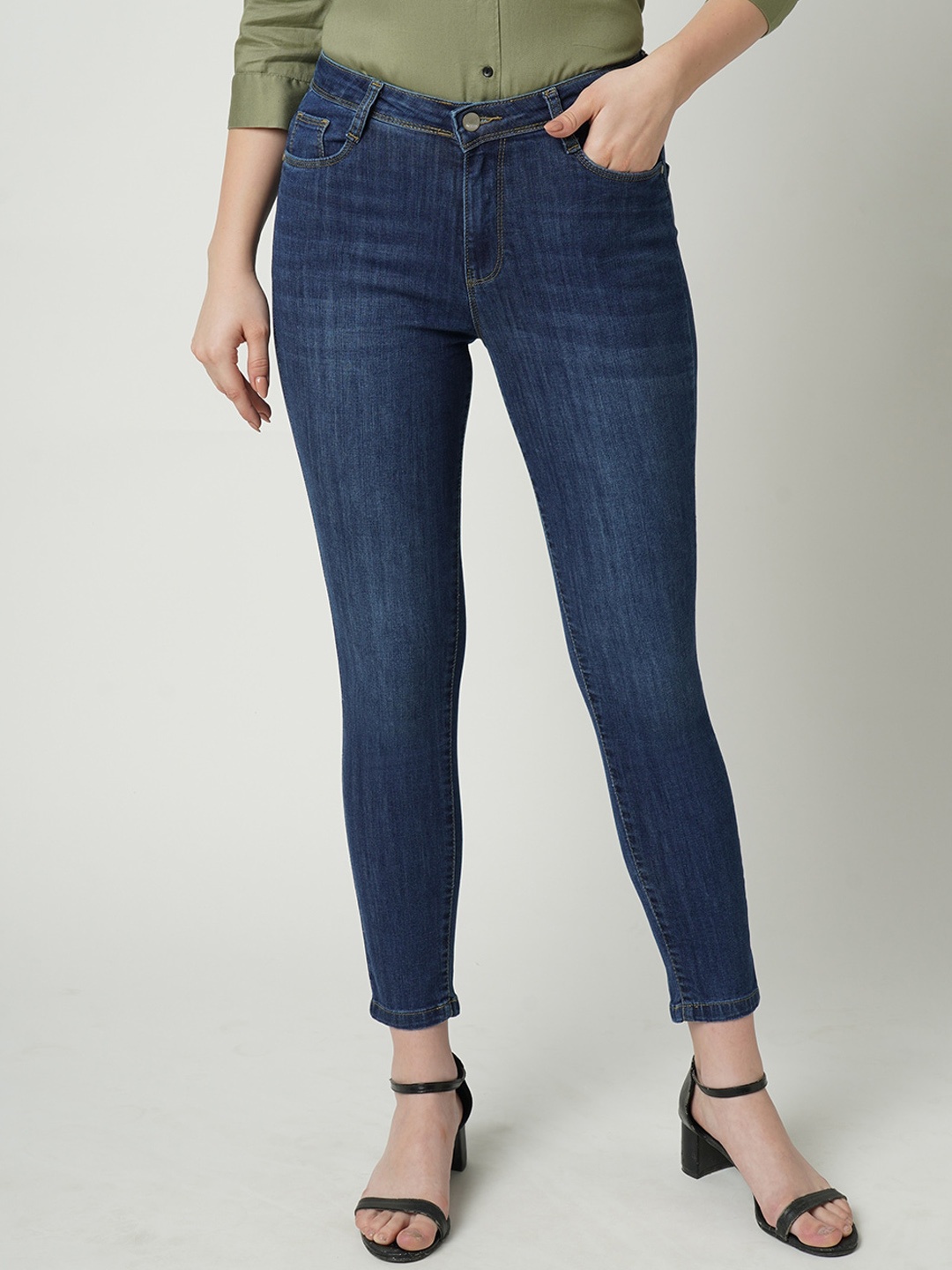 

Kraus Jeans Women Skinny Fit High-Rise Clean Look Light Fade Whiskers Stretchable Jeans, Blue