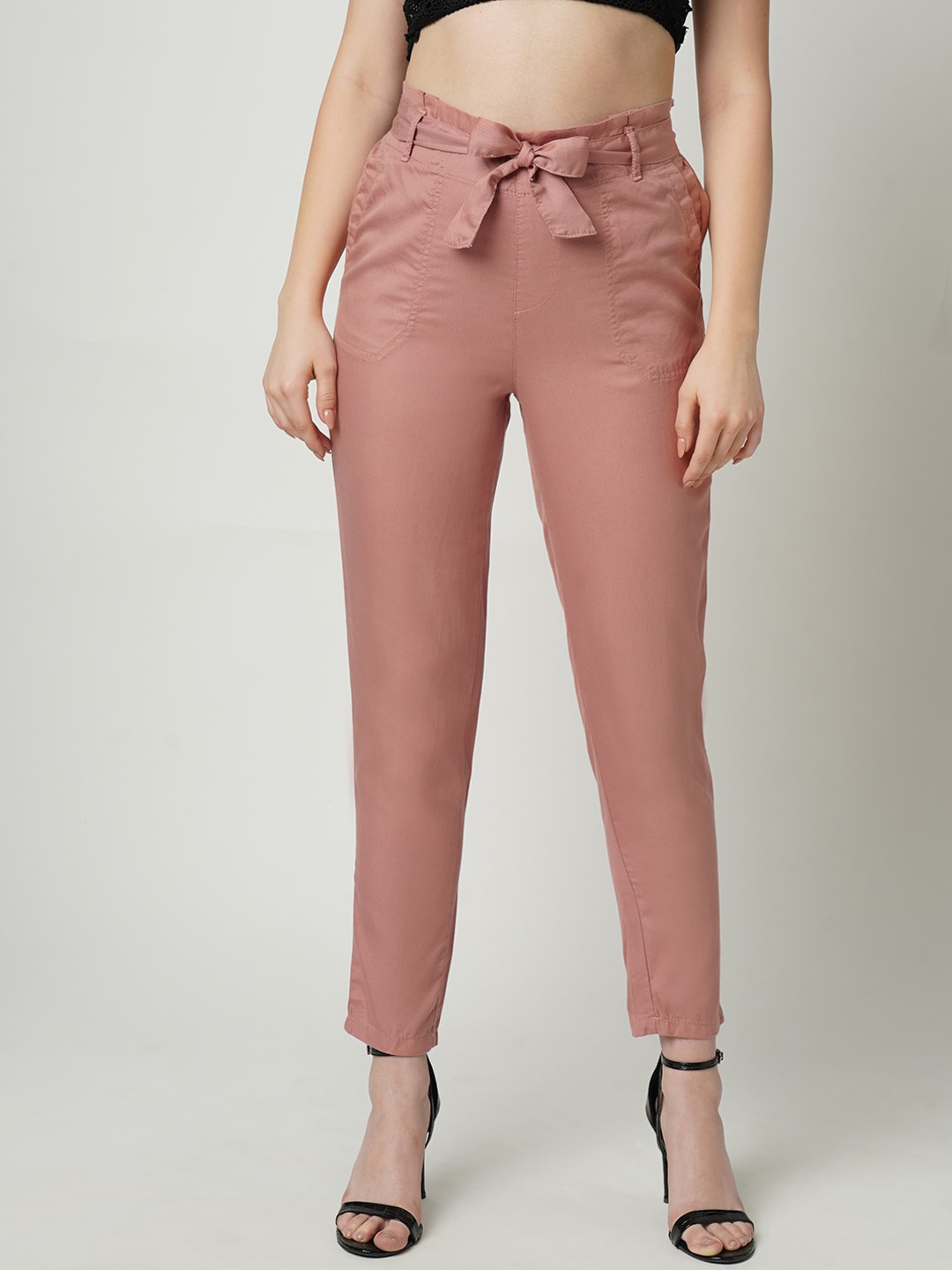 

Kraus Jeans Women Slim Fit High-Rise Paper Bag Trousers, Pink