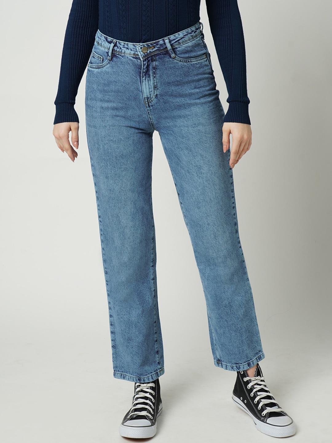 

Kraus Jeans Women Straight Fit High-Rise Light Fade Pure Cotton Jeans, Blue