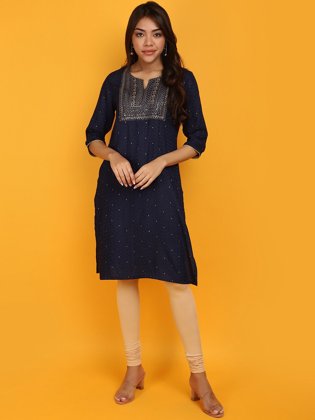 

V-Mart Floral Embroidered Notch Neck Sequinned Straight Kurta, Blue