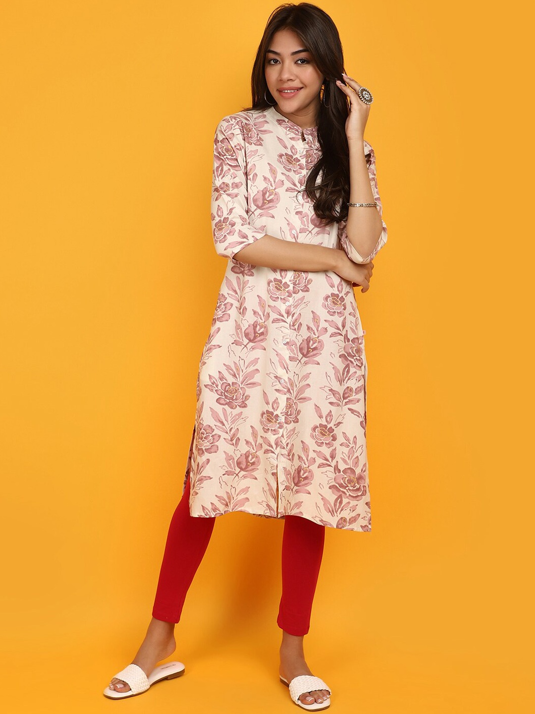 

V-Mart Floral Printed Band Collar Straight Kurta, Pink