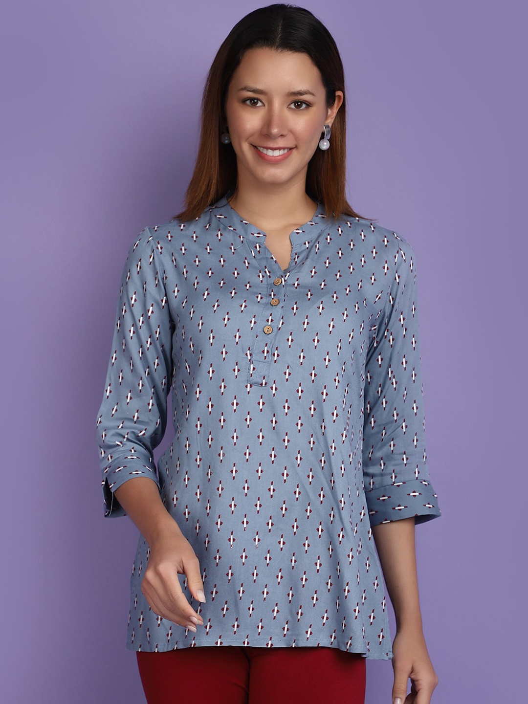 

V-Mart Printed Regular Sleeves Mandarin Collar Kurti, Grey