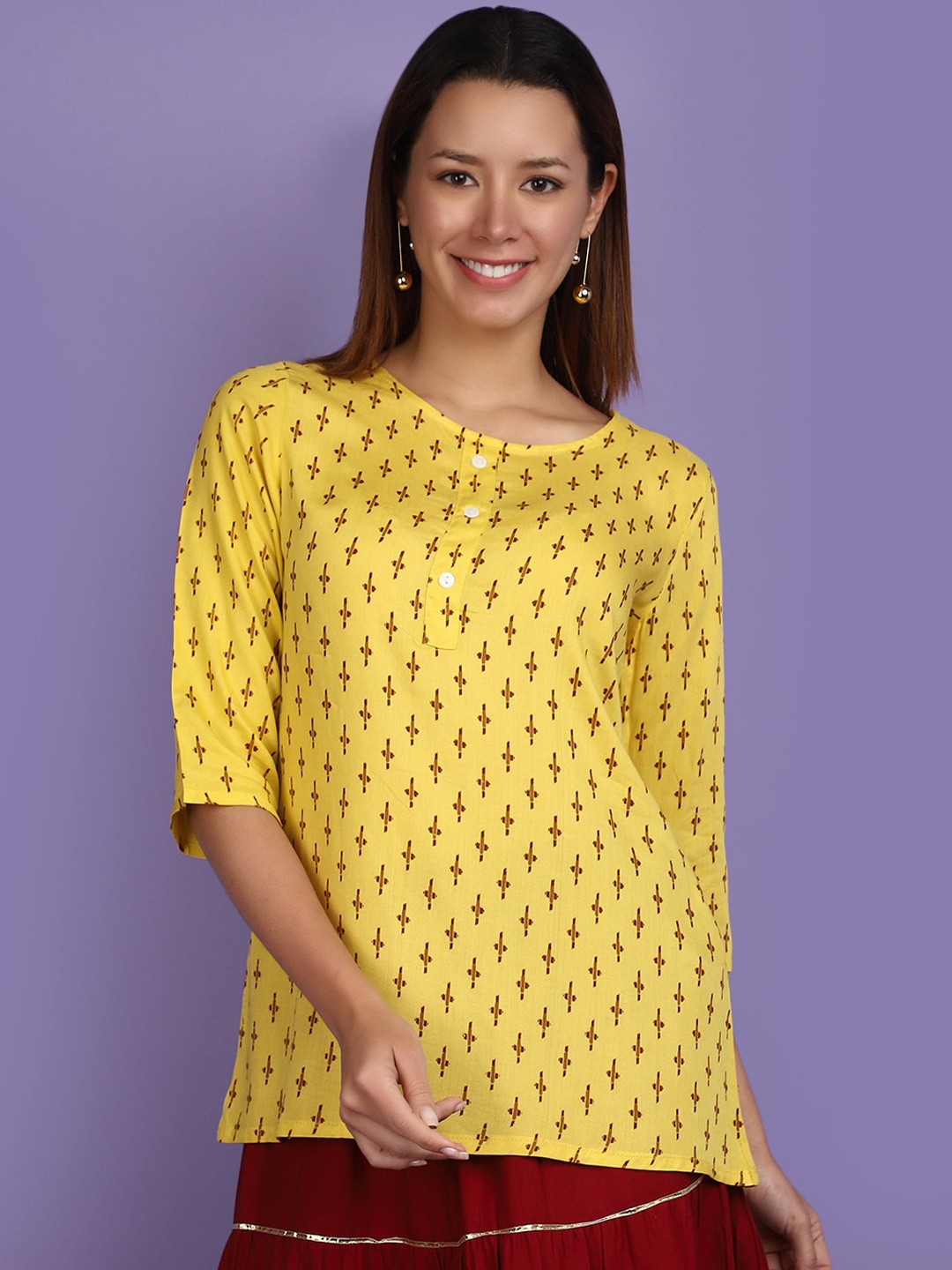 

V-Mart Floral Printed Round Neck A-Line Kurti, Yellow
