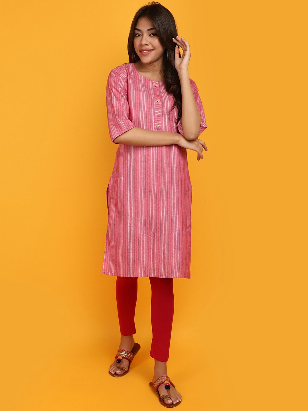 

V-Mart Striped Cotton Round Neck Kurta, Pink