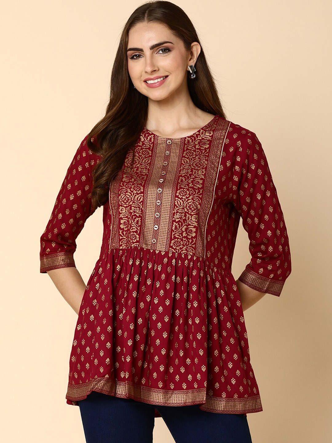 

V-Mart Ethnic Motifs Printed Round Neck Angrakha A-Line Kurti, Maroon