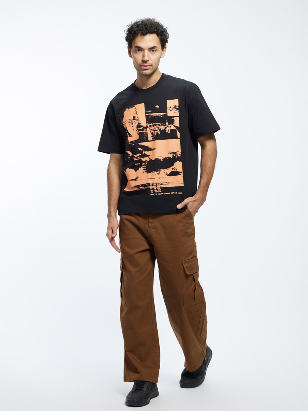 Urban Monkey Printed Cotton Oversized T-shirt, Black