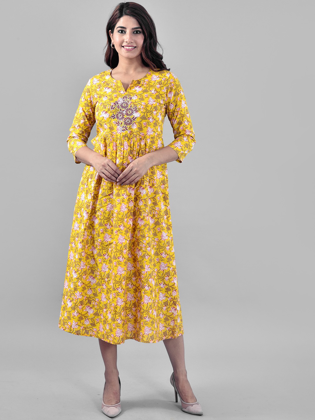 

KALINI Floral Printed Ethnic Dress, Yellow