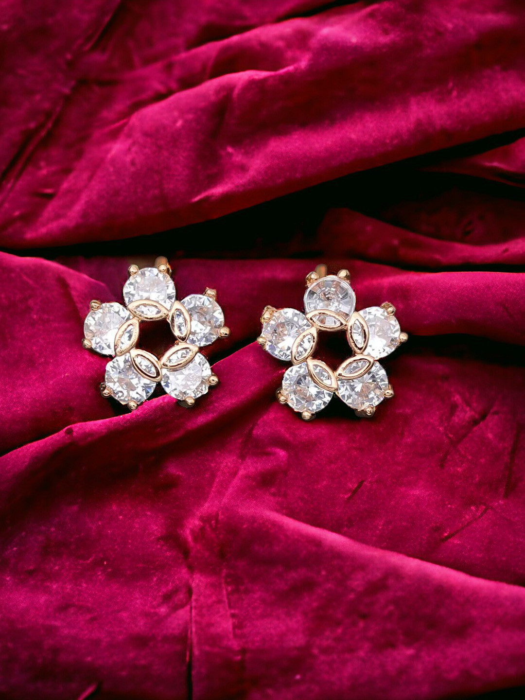 

The Pari Rhodium-Plated American Diamond Studded Floral Studs Earrings, Gold